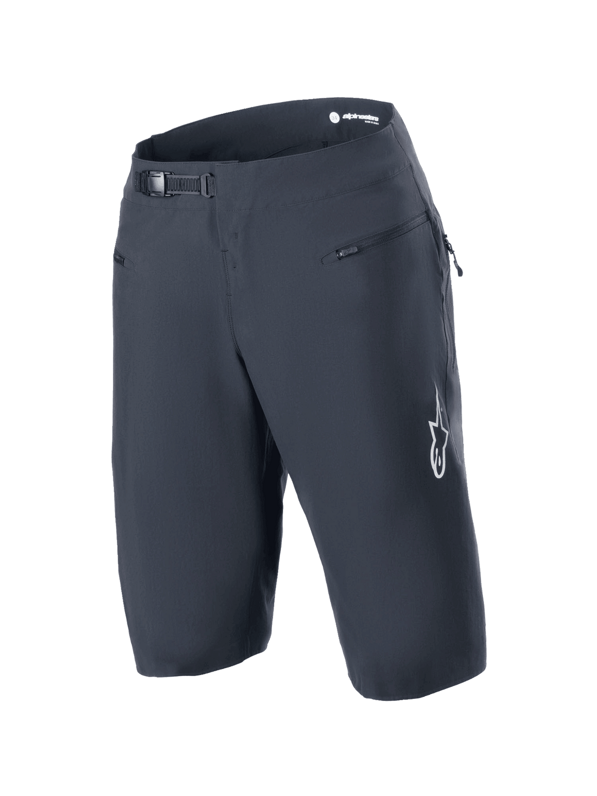Alpinestars A-Aria Shorts, nero, pantaloncini da mountain bike con sistema di chiusura a cricchetto in vita e tasche anteriori con zip, logo Astars bianco sulla gamba, abbigliamento tecnico da ciclismo