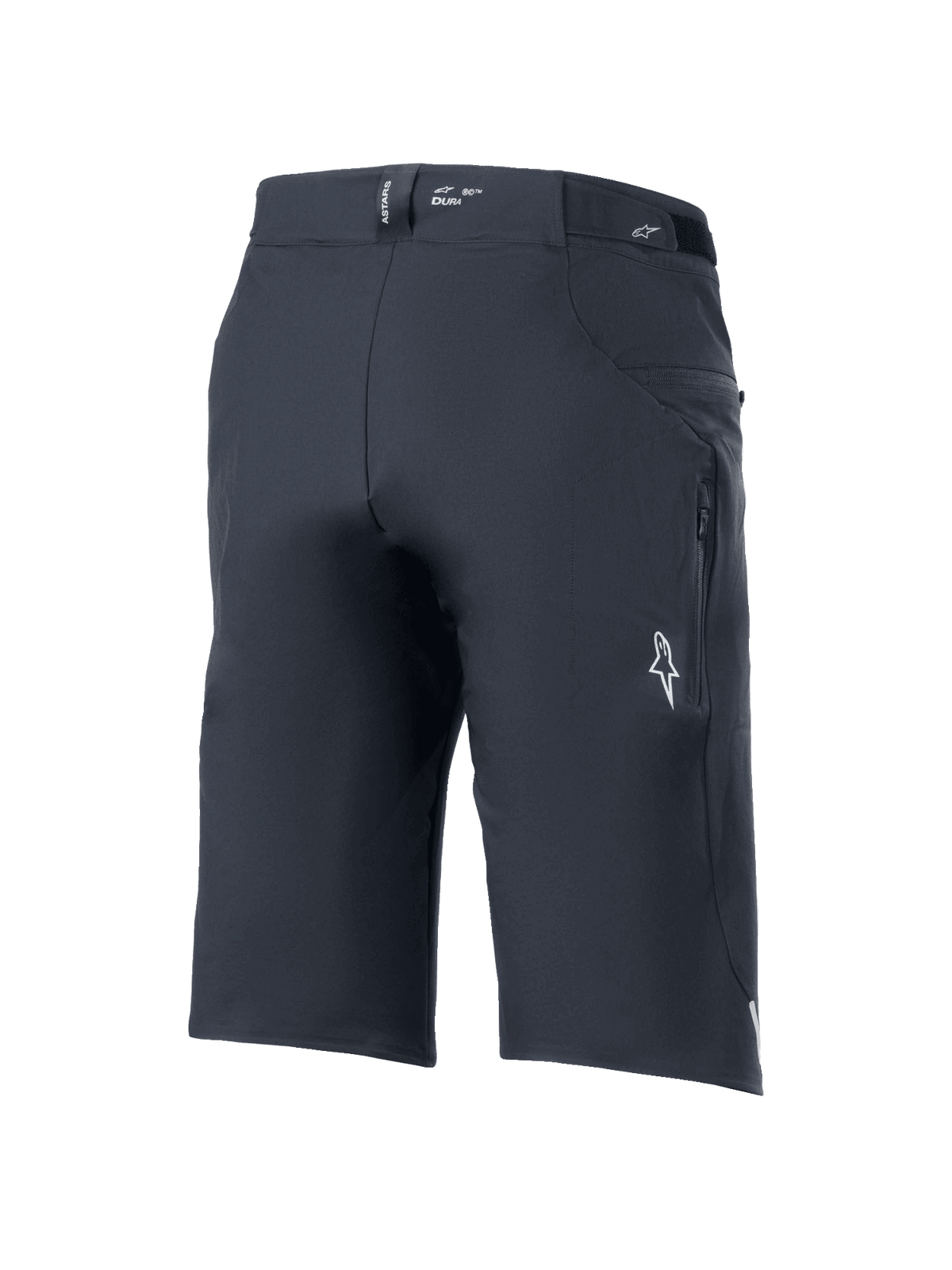 Pantaloncini Alpinestars A-Dura Elite, pantaloncini da mountain bike, nero, vista posteriore a tre quarti con tasca laterale con zip, logo Astars bianco e marchio "DURA" sulla fascia in vita, tessuto Cordura resistente elasticizzato in 4 direzioni per il ciclismo fuoristrada