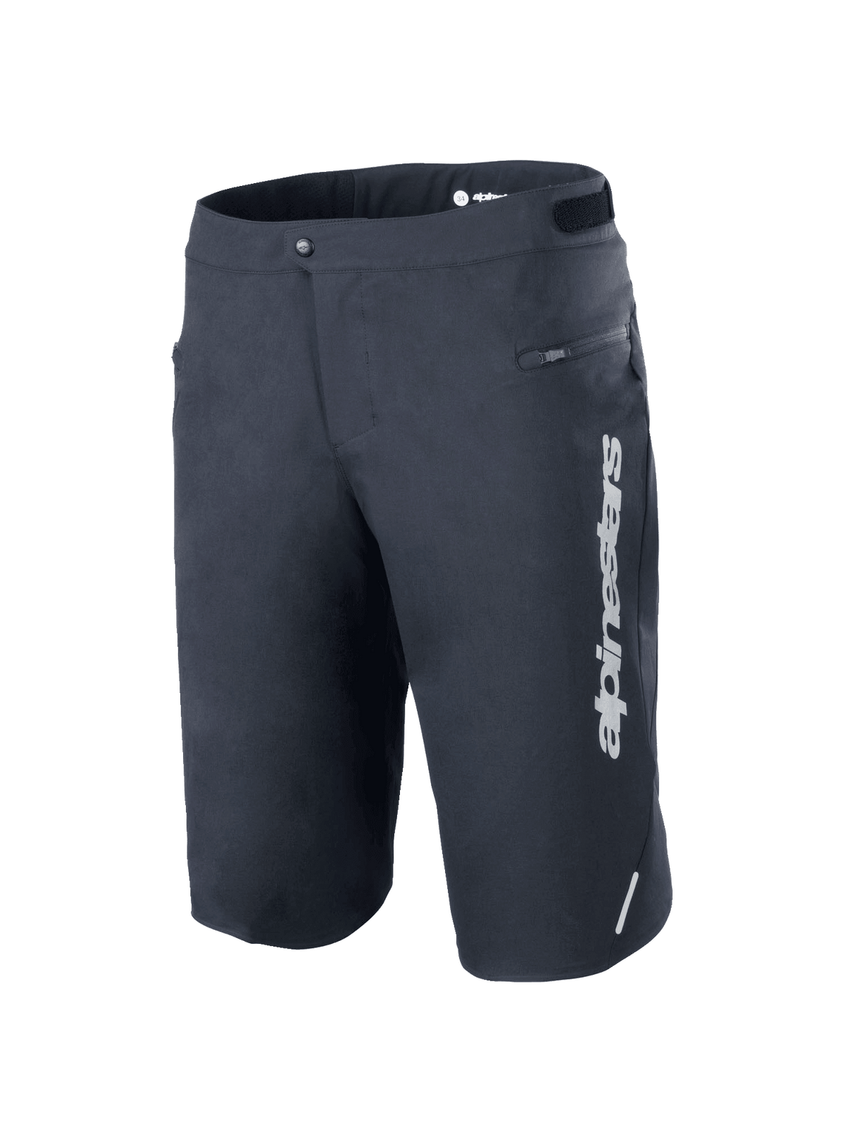 Pantaloncini Alpinestars A-Dura Elite, pantaloncini da mountain bike, nero, con logo Alpinestars bianco verticale sulla gamba sinistra, tasca laterale con zip, chiusura frontale a scatto con regolatori in vita a gancio e asola, dettaglio riflettente, resistente tessuto Cordura elasticizzato in 4 direzioni per ciclismo fuoristrada