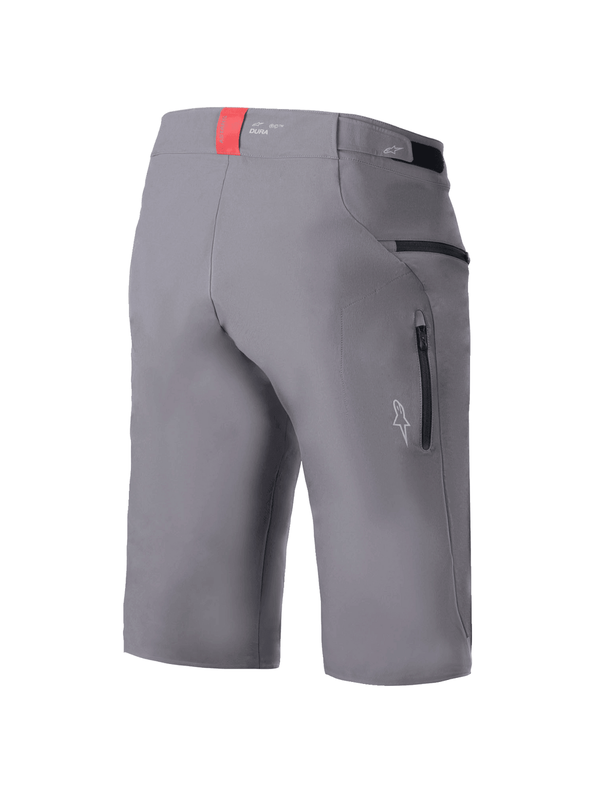 Alpinestars A-Dura Elite Shorts, pantaloncini da ciclismo MTB, grigio scuro, vista posteriore a tre quarti con tasche laterali con zip, regolatori in vita a gancio e asola e un dettaglio rosso sulla fascia in vita, resistente tessuto Cordura elasticizzato in 4 direzioni, vestibilità regolare per mountain bike