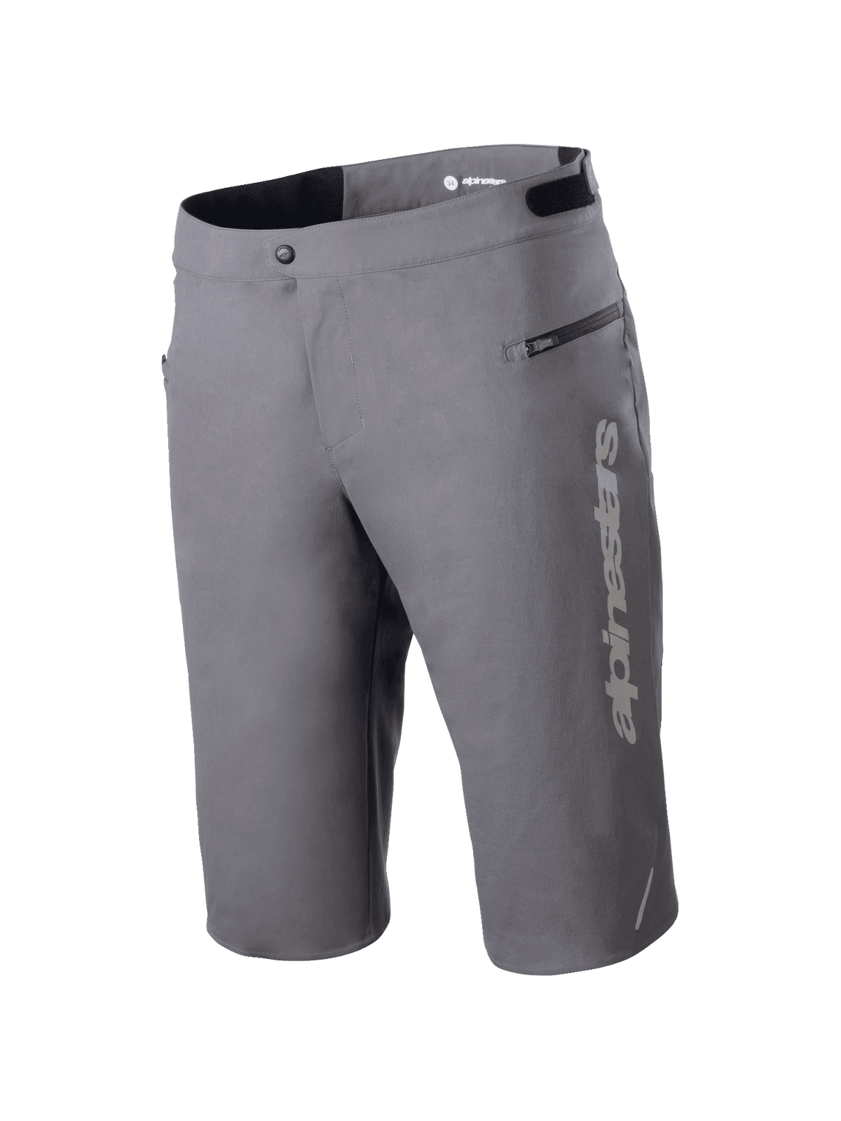 Alpinestars A-Dura Elite Shorts, pantaloncini da mountain bike, grigio scuro, con logo Alpinestars verticale sulla gamba, tasca laterale con cerniera, chiusura frontale a scatto e linguette regolabili in vita per il ciclismo fuoristrada.