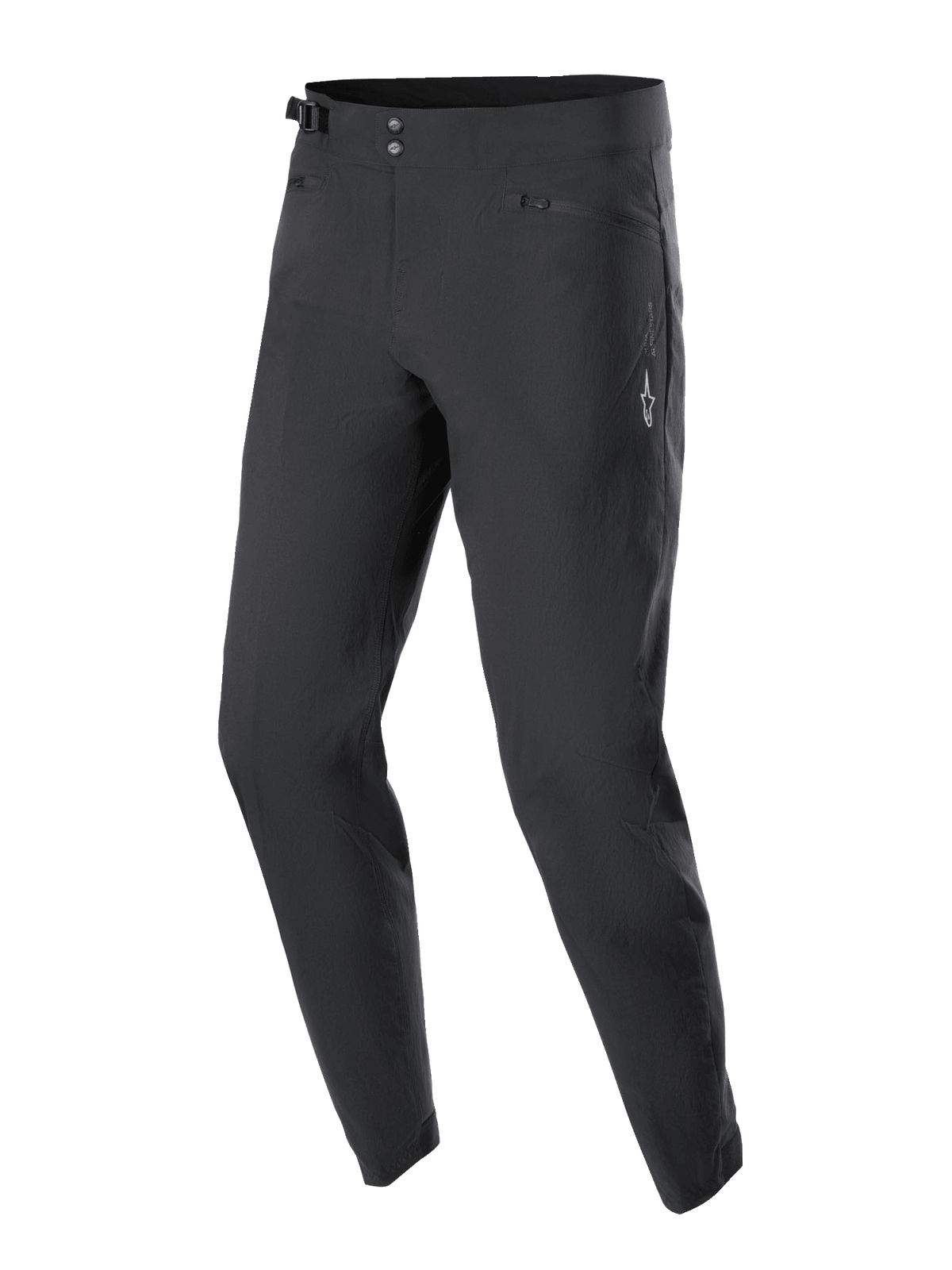 Alpinestars A-Dura Pants, pantaloni da ciclismo mountain bike, nero, con doppia chiusura a scatto in vita, regolatori laterali, tasche con zip foderate in rete e logo Astars bianco sulla coscia, design resistente per fuoristrada
