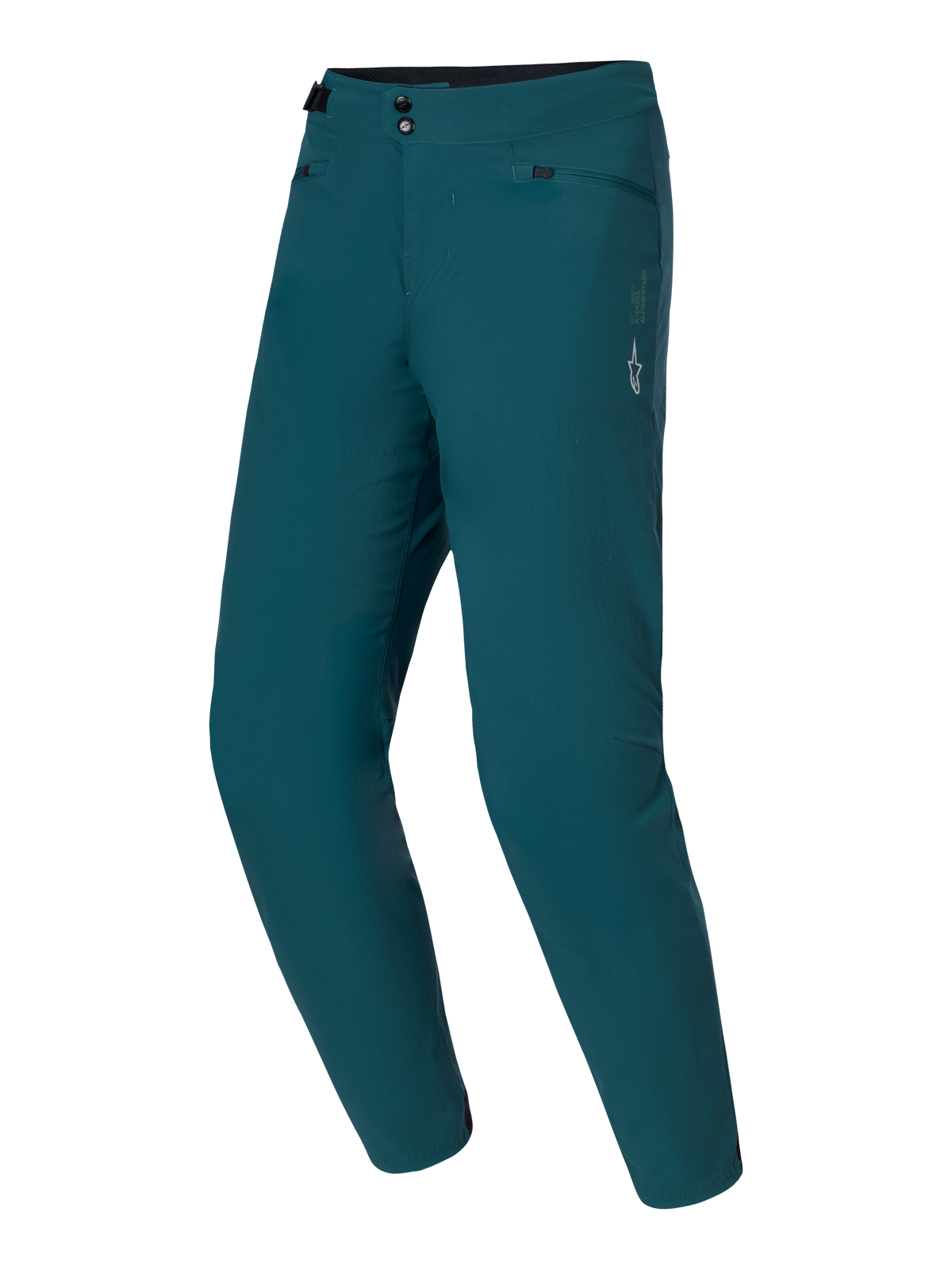 Alpinestars A-Dura Pants, pantaloni da mountain bike, verde Dark Pine, con doppia chiusura a scatto e regolatori laterali in vita, logo a stella bianco sulla coscia sinistra, tessuto elasticizzato bidirezionale resistente per il trail riding in MTB