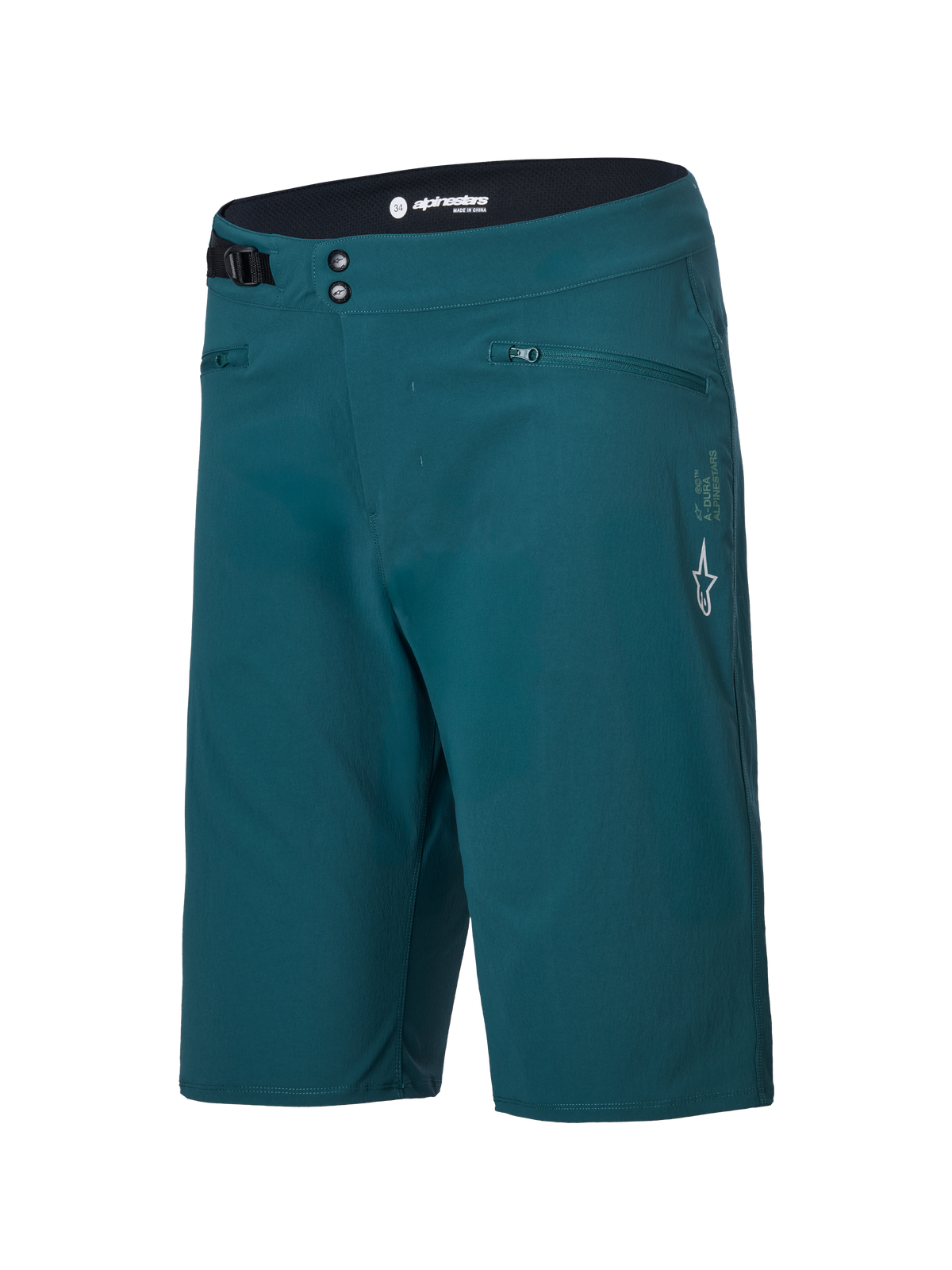 Pantaloncini Alpinestars A-Dura, pantaloncini da mountain bike, verde pino scuro, con tasche con zip, chiusura frontale a doppio scatto, regolatore laterale in vita e logo Alpinestars bianco sulla gamba sinistra, design resistente per il ciclismo MTB