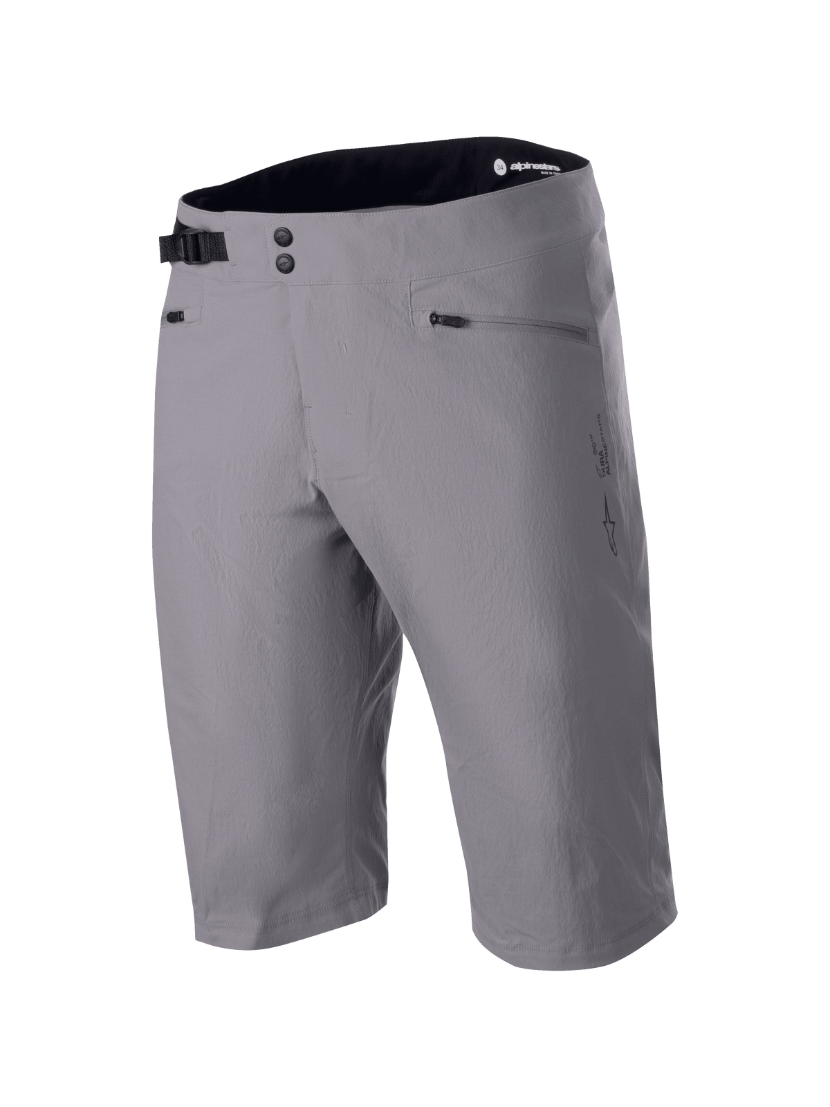 Pantaloncini Alpinestars A-Dura Liner, shorts da mountain bike MTB grigio scuro, chiusura anteriore a doppio bottone a pressione con fibbia laterale regolabile, tasche con zip, tessuto tecnico resistente elasticizzato in 2 direzioni, logo Astars laterale, interno vita nero