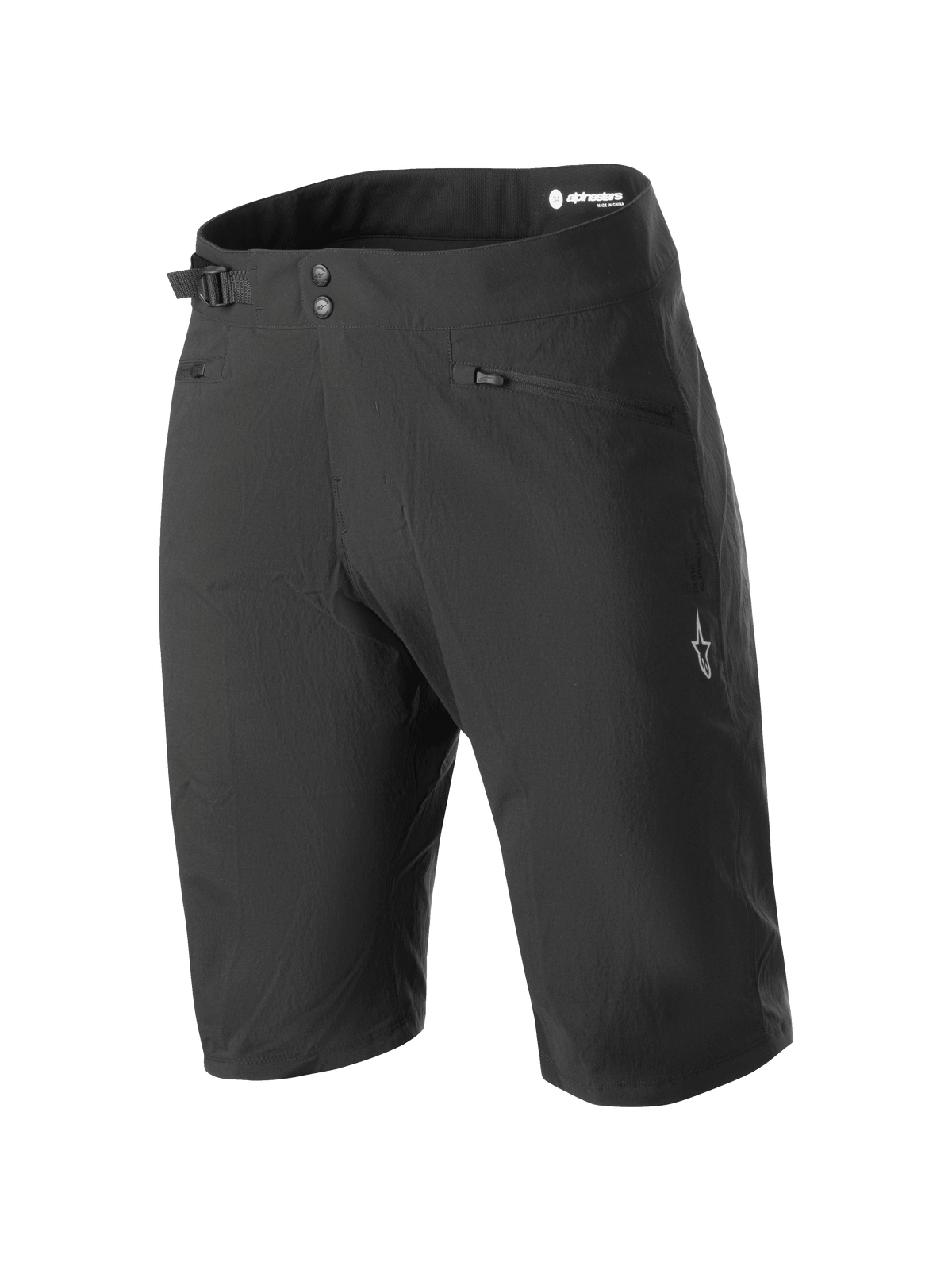 Alpinestars Stella A-Dura Liner Shorts, pantaloncini da mountain bike da donna neri, lunghezza al ginocchio con doppia chiusura a scatto e regolatore laterale, tasche con zip e logo a stella bianco sulla gamba, tessuto resistente elasticizzato in due direzioni per la guida MTB