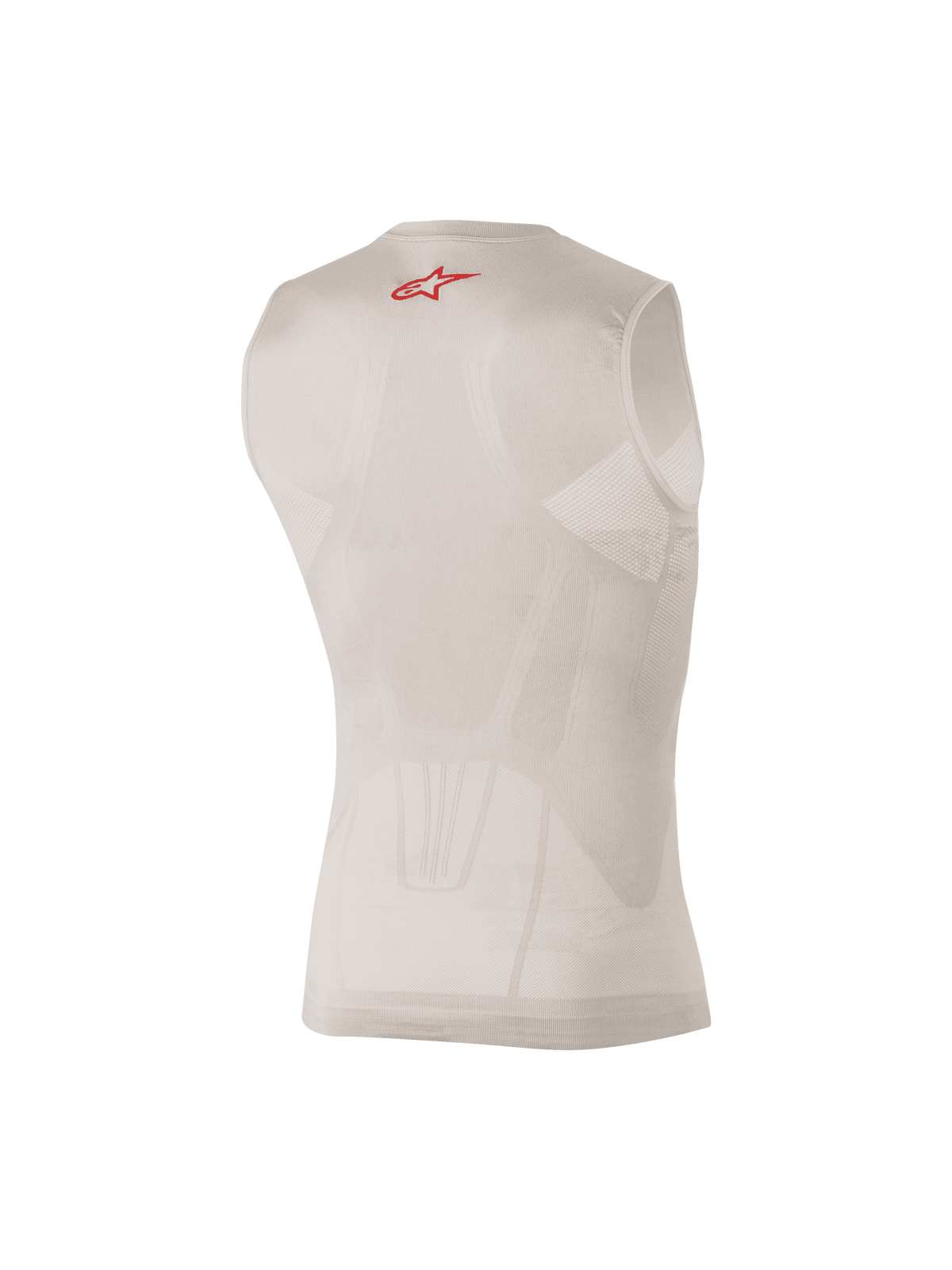 Alpinestars Tech Tank Summer, base layer smanicato argento e rosso, vista posteriore con pannelli in mesh a mappatura corporea e un piccolo logo rosso sulla schiena, progettato per la traspirazione e il raffreddamento sotto abbigliamento da motocross o MTB.