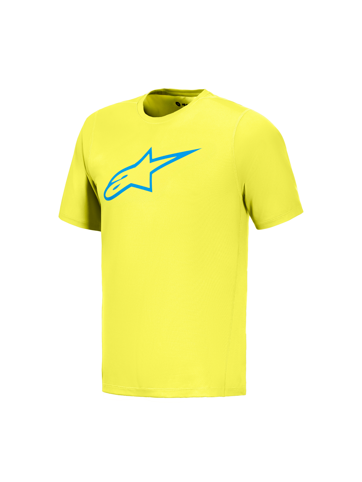 Maglia Alpinestars A-Dura Ride a maniche corte giallo fluo con logo Astars blu, abbigliamento tecnico per MTB.