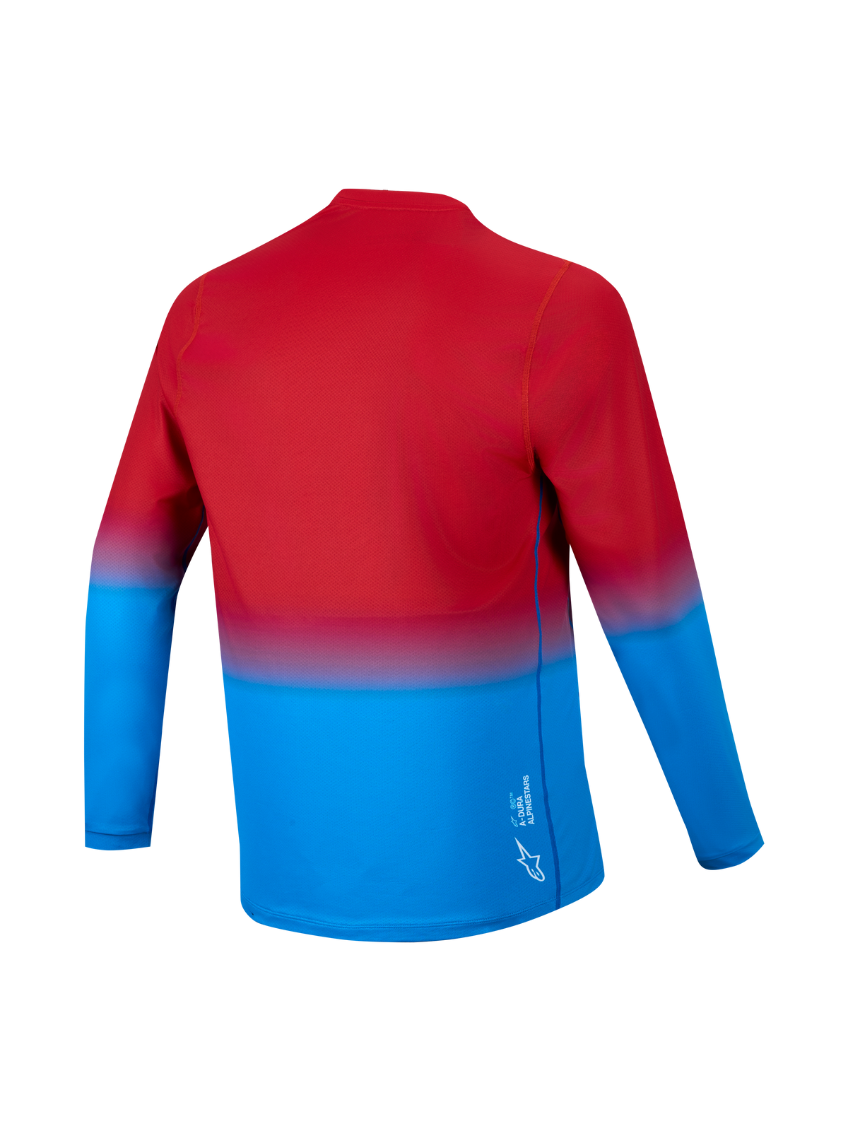 Maglia Alpinestars A-Dura ASTARS 2.0 a maniche lunghe, sfumatura rosso-blu, vista posteriore con coda allungata.
