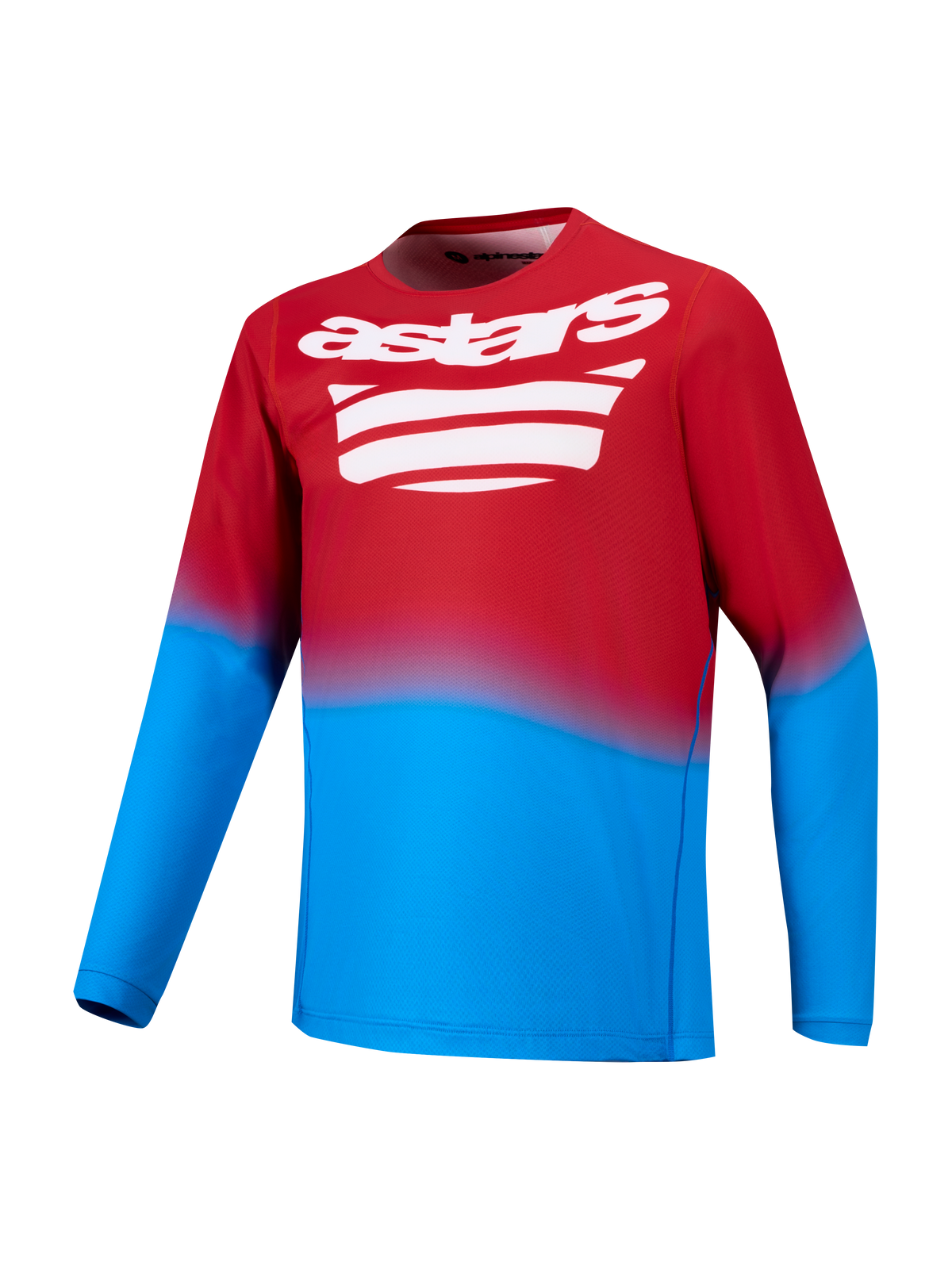 Maglia MTB A-Dura ASTARS 2.0 a maniche lunghe rosso e blu con logo bianco, abbigliamento tecnico da ciclismo.