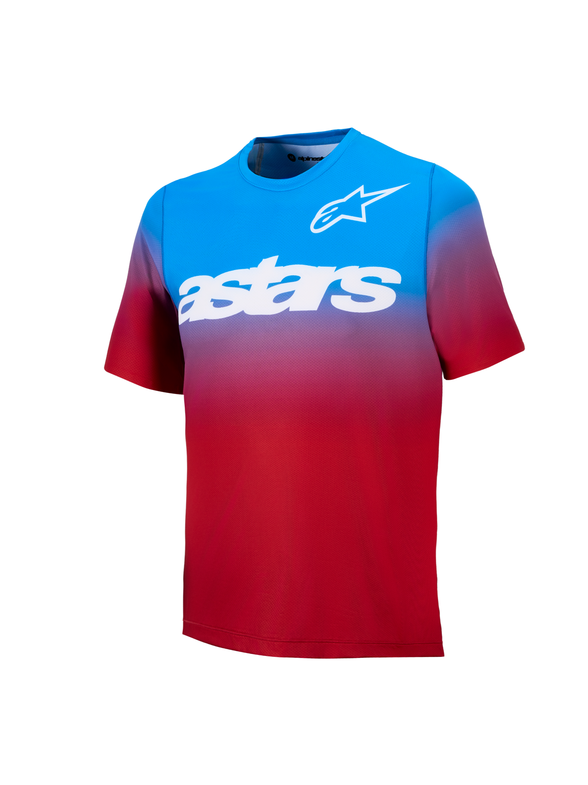 Alpinestars A-Dura ASTARS 2.0, maglia MTB maniche corte con sfumatura rosso-blu e grafiche bianche sul petto.