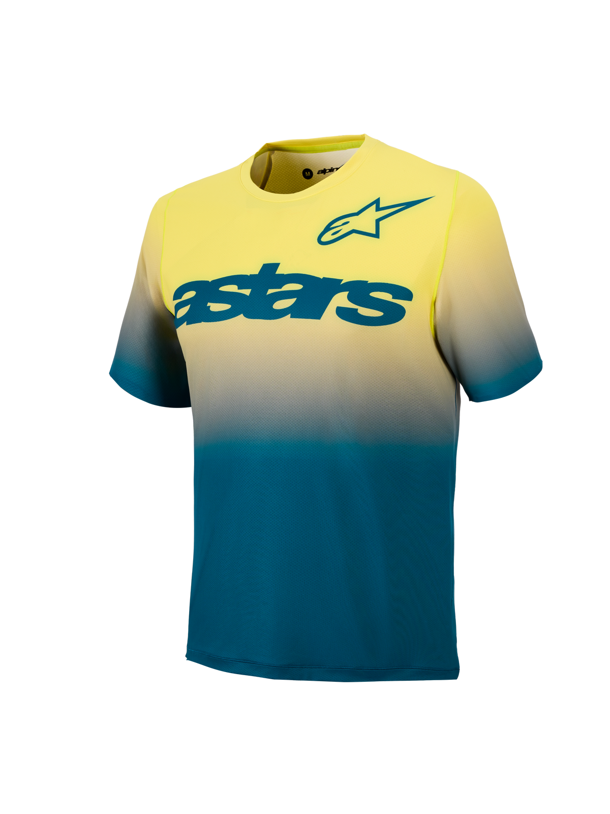 Maglia MTB A-Dura ASTARS 2.0 a maniche corte, sfumatura giallo fluo e blu-verde con logo Astars ottanio sul petto.