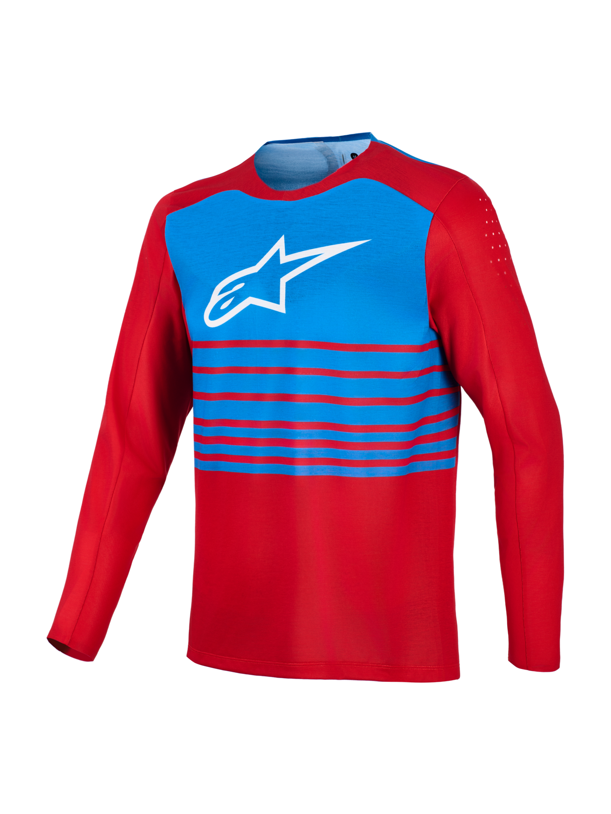 Alpinestars A-Dura Elite 2.0, maglia MTB a maniche lunghe rossa e blu con logo bianco e ventilazione bicipiti.