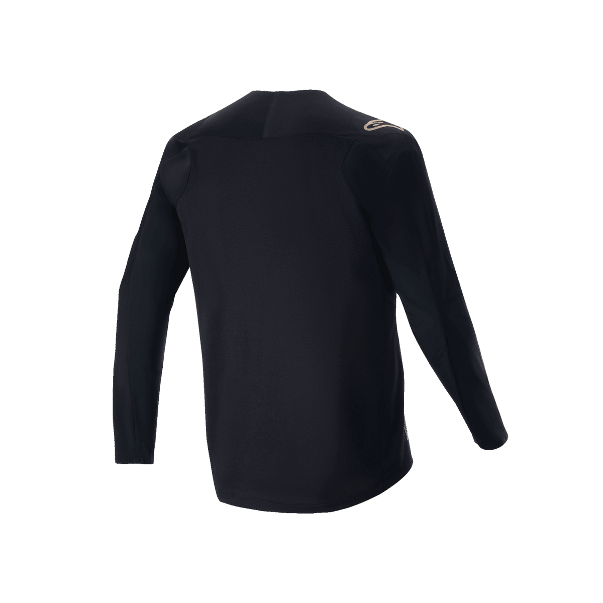 Maglia Alpinestars A-Aria Polartec Switch a maniche lunghe, nero, vista posteriore della maglia da mountain bike, con un piccolo logo color sabbia sulla spalla e orlo posteriore allungato, tessuto tecnico traspirante per ciclismo fuoristrada