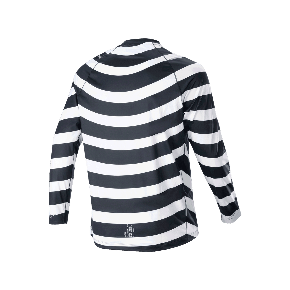 Maglia Alpinestars A-Aria Oscar a maniche lunghe, nero e bianco, vista posteriore con grafica a spirale vintage, maglia da ciclismo con vestibilità performante e coda più lunga per trail MTB