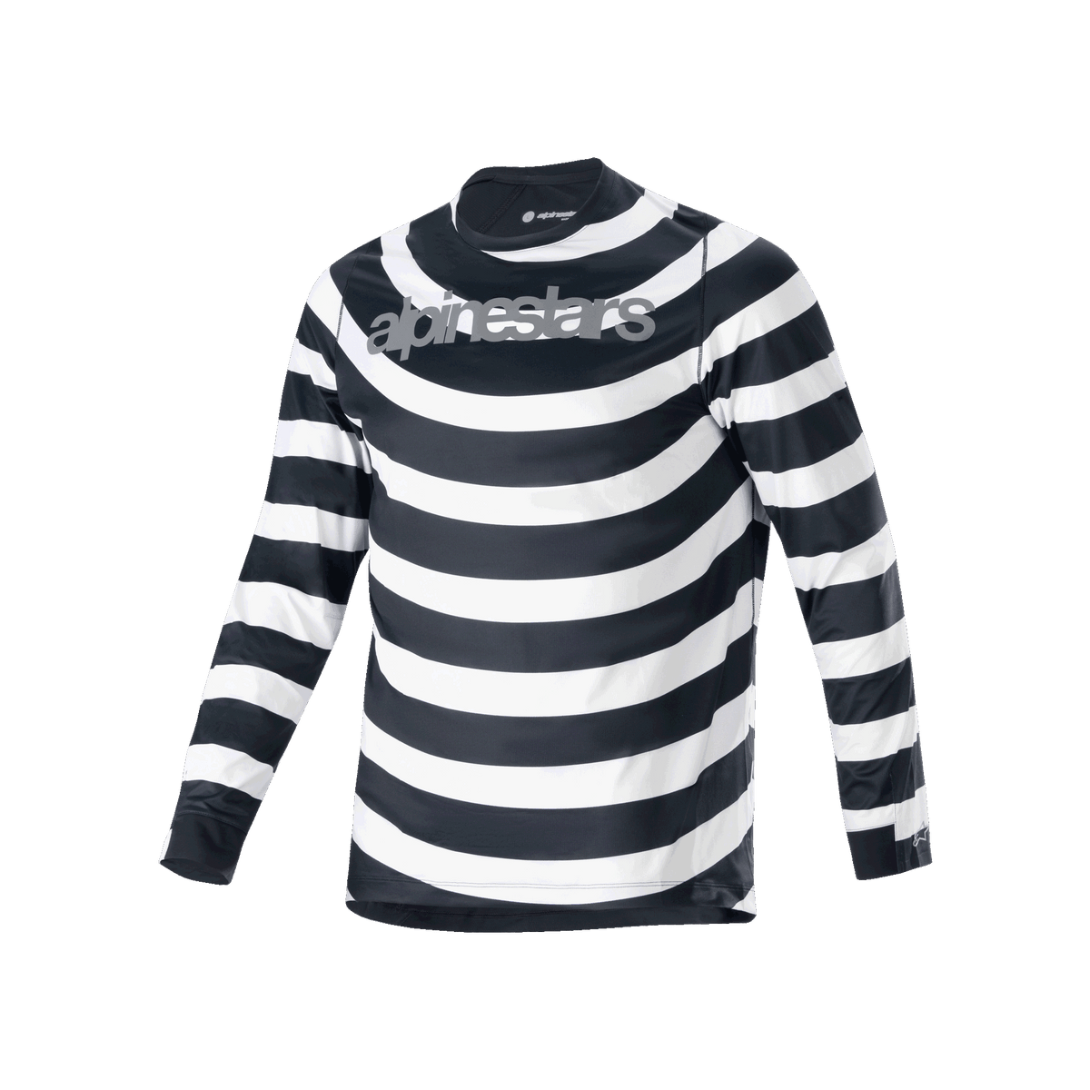 Alpinestars maglia A-Aria Oscar, maglia MTB a maniche lunghe, strisce orizzontali a spirale bianche e nere, logo Alpinestars grigio sul petto, abbigliamento da ciclismo performante leggero e traspirante