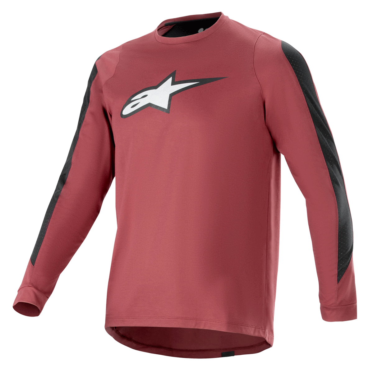 Alpinestars A-Dura Dri Astar Jersey a maniche lunghe, bordeaux e nero, tessuto drirelease traspirante, girocollo, logo Astar bianco sul petto, pannelli in mesh neri sulle maniche, abbigliamento tecnico da mountain bike