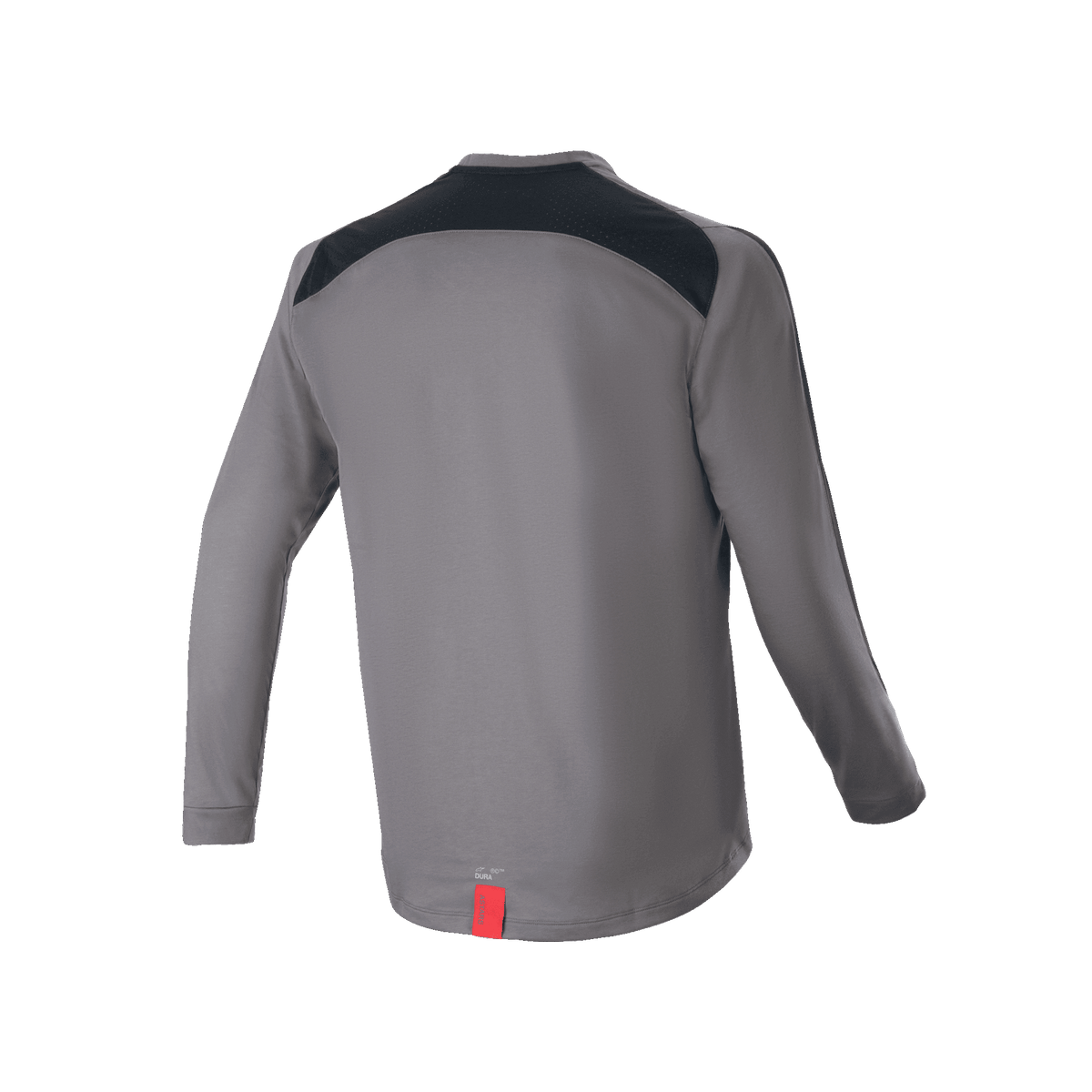 Maglia Alpinestars A-Dura Dri Astar a maniche lunghe, grigio scuro, vista posteriore con pannelli di ventilazione in mesh nero sulle spalle e piccola etichetta rossa sull'orlo, abbigliamento tecnico da mountain bike