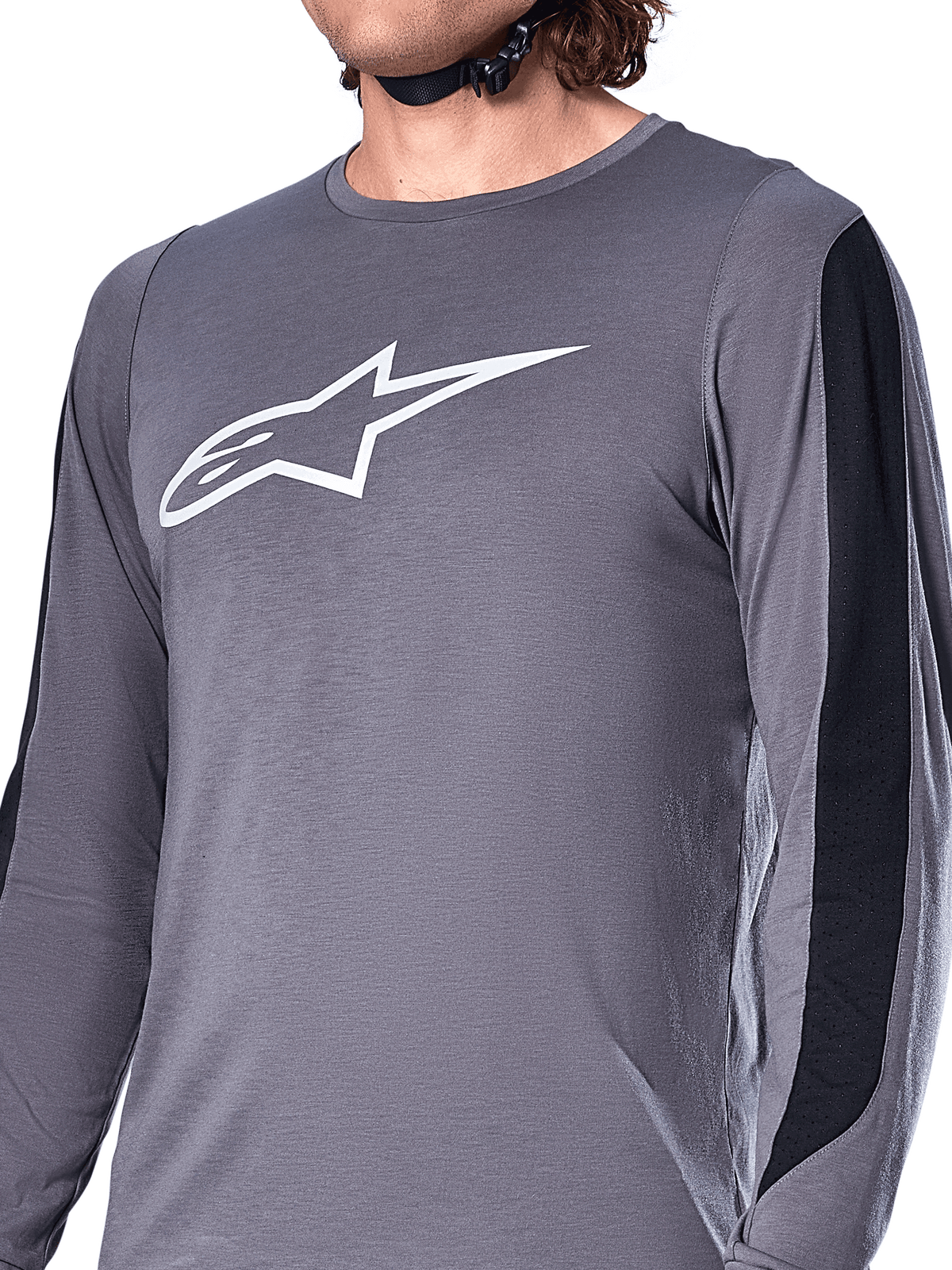 Alpinestars A-Dura Dri Astar Jersey, maglia a maniche lunghe, grigio scuro, logo Astars bianco sul petto, pannelli in mesh neri sulle maniche, abbigliamento tecnico da mountain bike