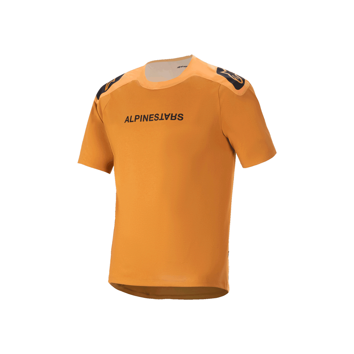 Maglia Alpinestars A-Aria Polartec Switch a maniche corte, Dark Gold, scritta Alpinestars nera sul petto, loghi sulle spalle, abbigliamento tecnico da mountain bike con design a coda allungata