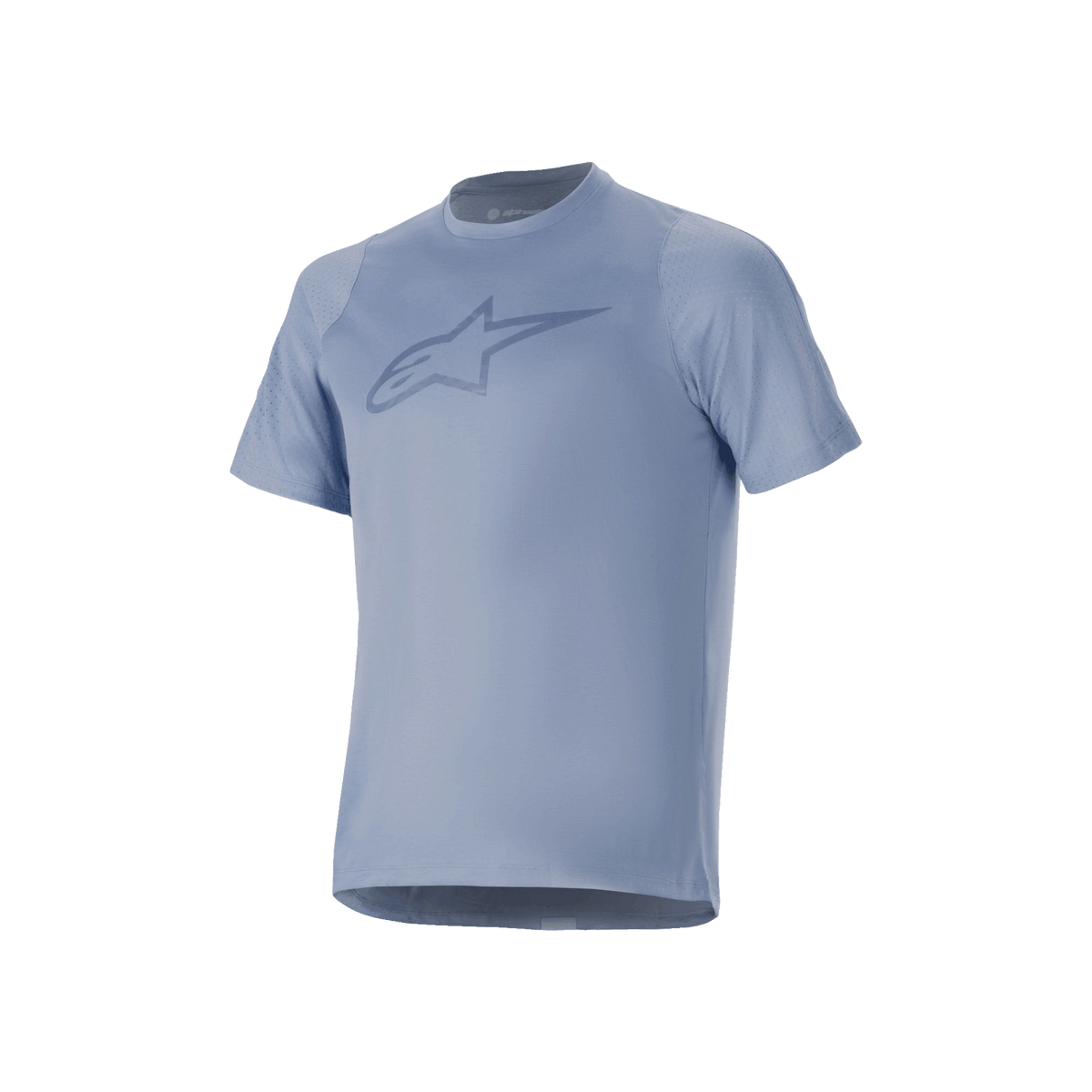 Maglia Alpinestars A-Dura Dri Astar a maniche corte, Infinity Blue, con grande logo sul petto, pannelli in mesh traspirante sulle maniche e tessuto drirelease, progettata per prestazioni in mountain bike