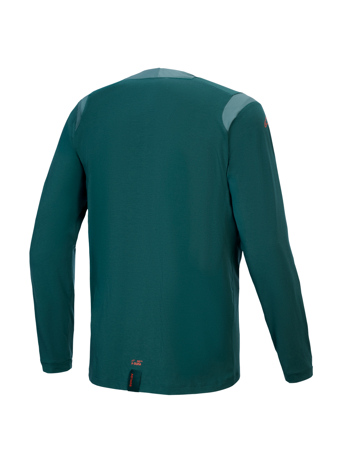 Alpinestars Maglia A-Dura Dri Wool - Maniche Lunghe, Dark Pine, vista posteriore con pannelli in mesh sulle spalle e sul colletto, tessuto tecnico in misto lana, coda allungata per maggiore copertura MTB, piccolo logo arancione sull'orlo inferiore