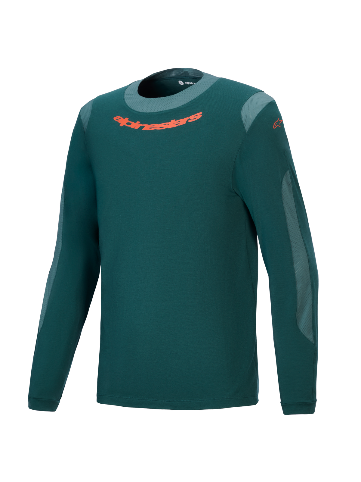 Alpinestars A-Dura Dri Wool Jersey a maniche lunghe, maglia tecnica da mountain bike, verde pino scuro con logo arancione sul petto, inserti in mesh grigio chiaro e girocollo