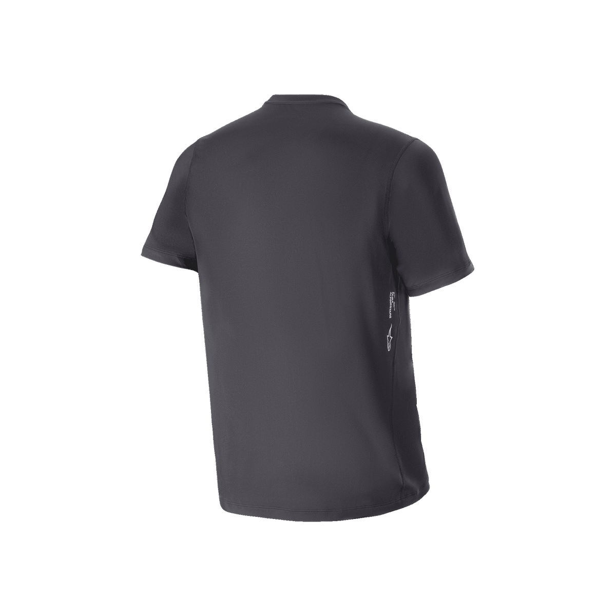 Maglia a maniche corte Alpinestars A-Dura Oscar, maglia da ciclismo MTB, nero, vista posteriore con piccolo marchio bianco verticale sul lato inferiore, vestibilità regolare, abbigliamento tecnico performante per il fuoristrada