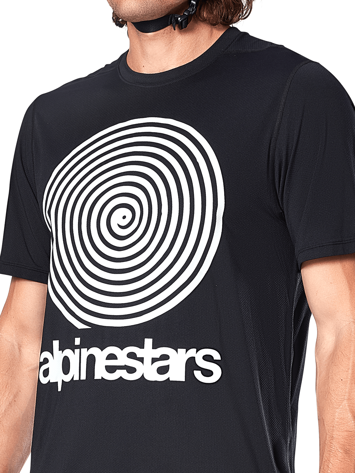 Alpinestars A-Dura Oscar Jersey, maglia MTB a maniche corte, nero, con grande grafica a spirale Oscar vintage bianca e scritta Alpinestars sul petto, abbigliamento tecnico da ciclismo