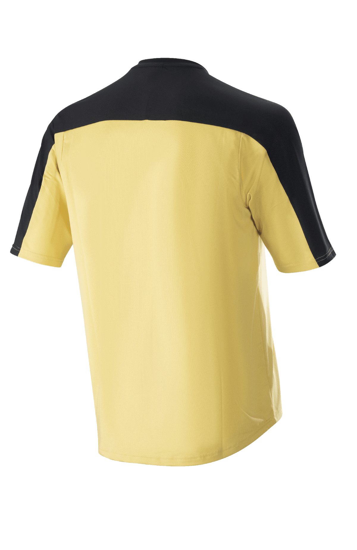 Alpinestars Drop Meta Jersey - Maniche corte, maglia da mountain bike, oro con sprone sulle spalle e pannelli sulle maniche neri, vista posteriore, coda allungata per maggiore copertura, materiale in rete leggera.