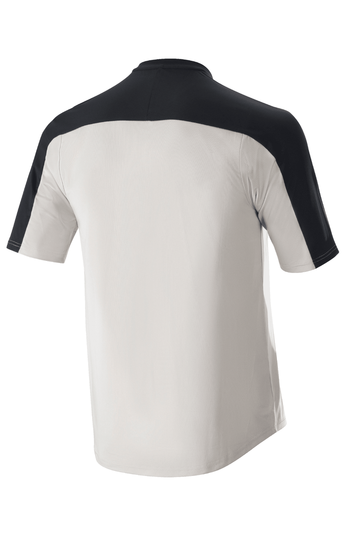 Alpinestars Drop Meta Jersey - Maniche Corte, maglia MTB, grigio chiaro e nero, vista posteriore con carré nero sulle spalle e coda allungata, costruzione in rete traspirante per il ciclismo fuoristrada