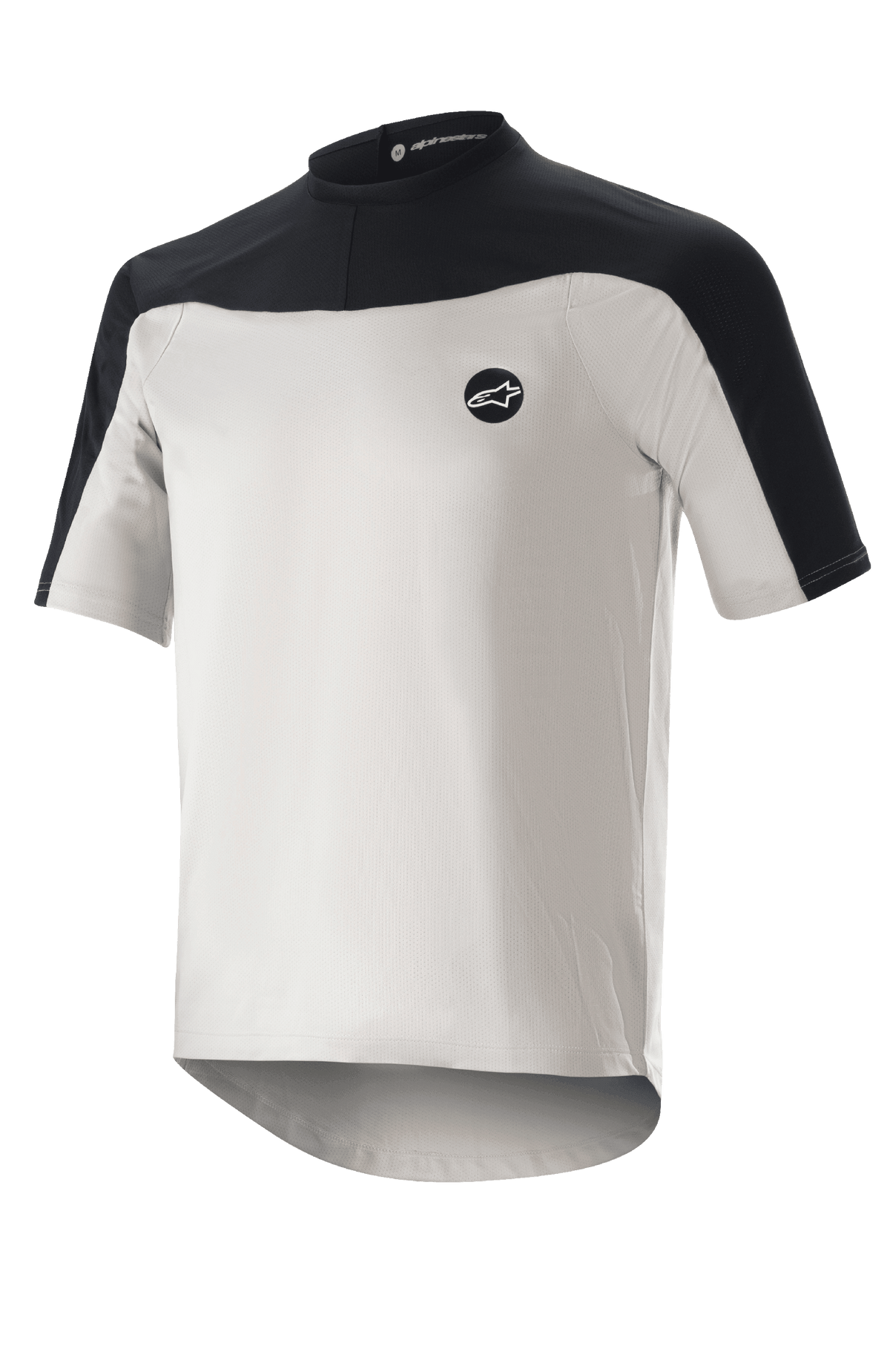Alpinestars Drop Meta Jersey a maniche corte, maglia da mountain bike, grigio chiaro e nero, con struttura in rete traspirante, inserto nero sulle spalle, girocollo e parte posteriore allungata per una maggiore copertura.