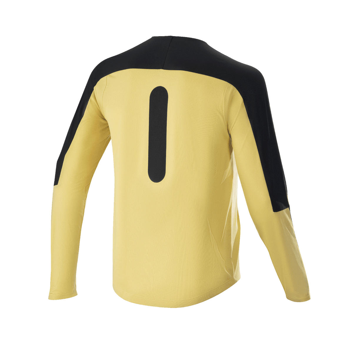 Alpinestars Drop Meta Jersey - Maniche Lunghe, maglia da mountain bike, oro e nero, vista posteriore che mostra i pannelli neri sulle spalle e la grafica verticale, tessuto in rete leggera con coda estesa per trail riding MTB