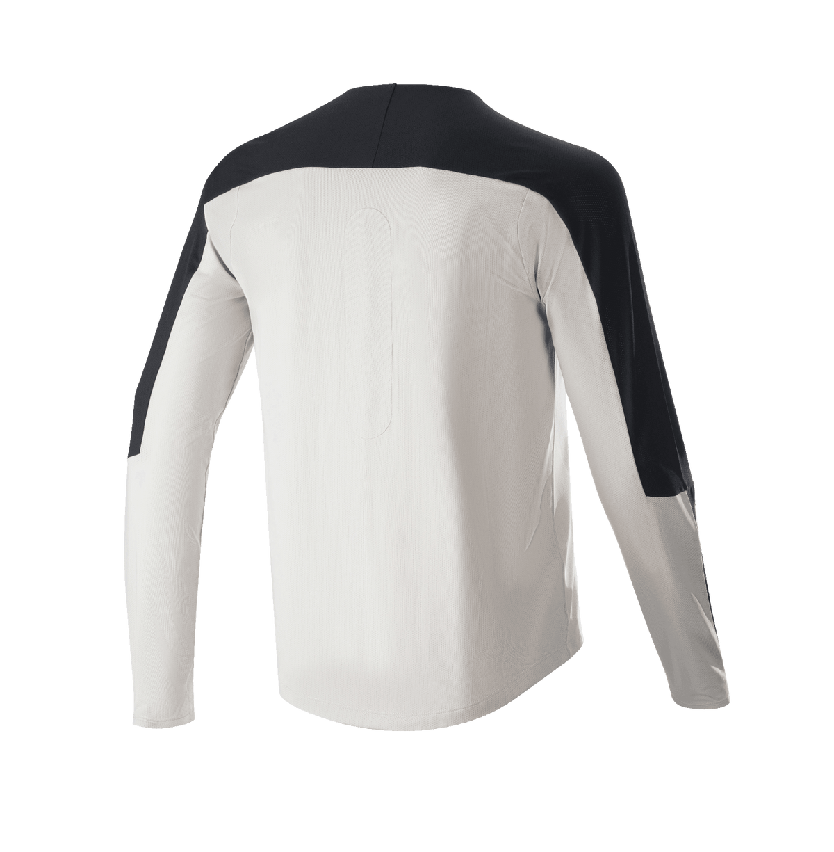 Maglia Alpinestars Drop Meta - Maniche Lunghe, maglia da MTB, grigio chiaro con accenti neri su spalle e maniche, vista posteriore con coda allungata, tessuto in rete traspirante per ciclismo fuoristrada