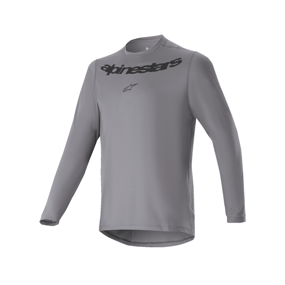 Alpinestars Maglia A-Dura Rocker a maniche lunghe, maglia da ciclismo MTB, grigio scuro, con scritta Alpinestars e logo a stella neri sul petto, coda posteriore più lunga, abbigliamento tecnico per mountain bike