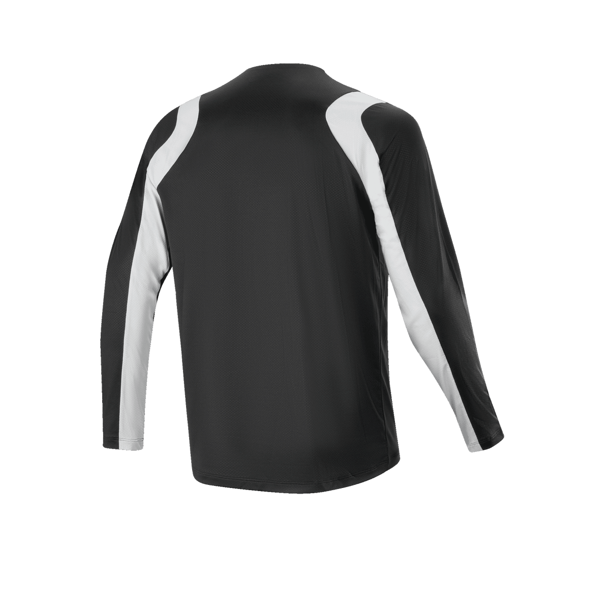 Alpinestars Maglia A-Supra Oscar a maniche lunghe, nero, vista posteriore, con pannelli bianchi curvi su spalle e maniche, abbigliamento da ciclismo MTB leggero e traspirante