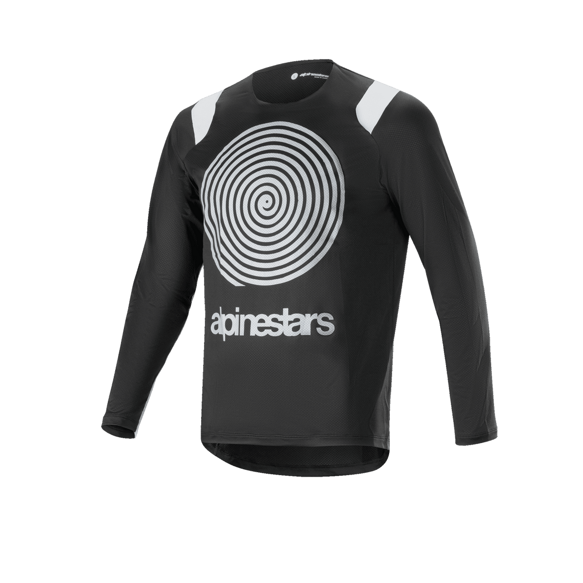 Alpinestars A-Supra Oscar Long Sleeve Jersey, maglia da ciclismo nera, con una grande grafica a spirale Oscar bianca sul petto, inserti bianchi sulle spalle, logo Alpinestars, leggera e traspirante per il gravity MTB