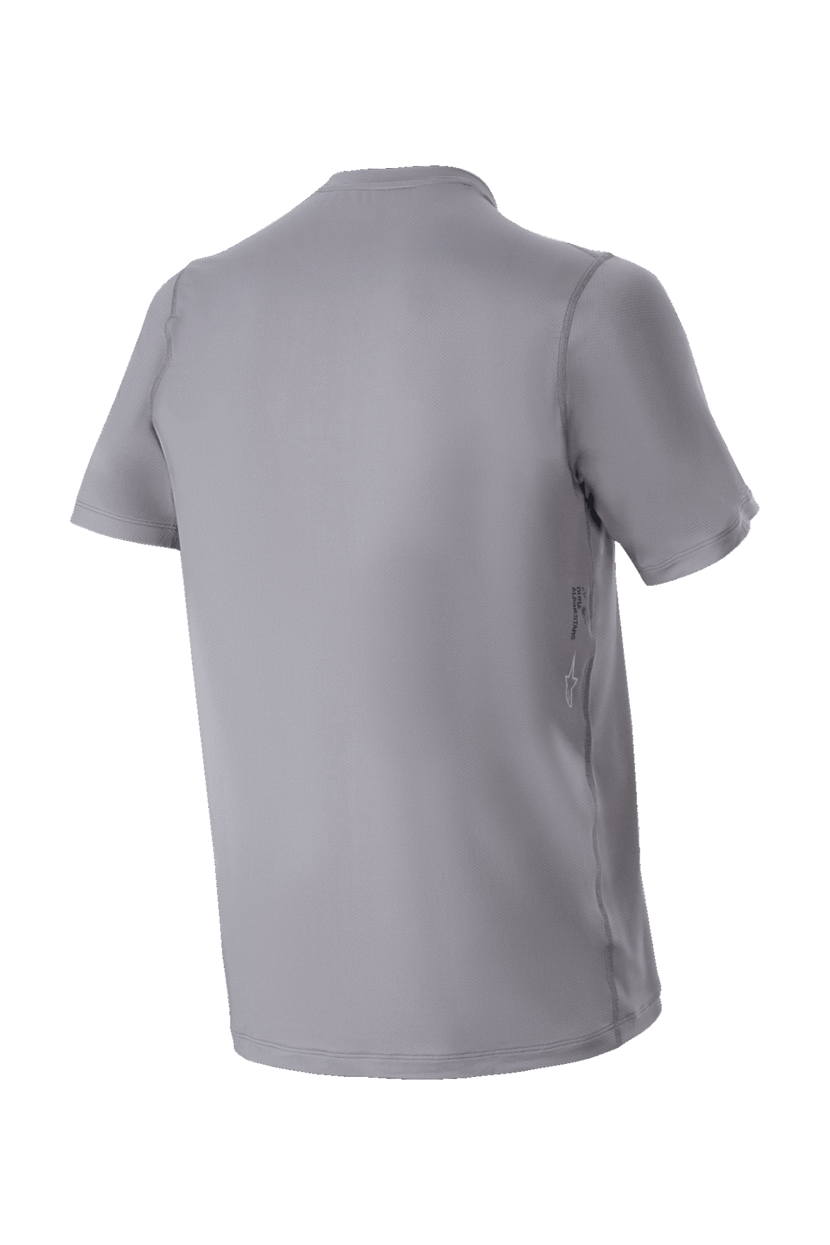 Maglia a maniche corte Alpinestars A-Dura Astar, grigio scuro, vista posteriore della maglia da mountain bike, con coda posteriore più lunga, logo laterale discreto e trama jacquard per prestazioni ciclistiche