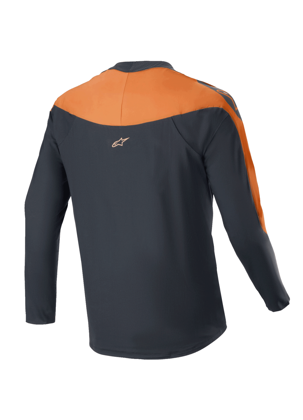 Maglia Alpinestars A-Supra Race - Maniche Lunghe, maglia da MTB, nero e arancione, vista posteriore con pannelli arancioni su spalle e maniche, piccolo logo Alpinestars sulla parte superiore della schiena, design a coda allungata per una maggiore copertura in sella