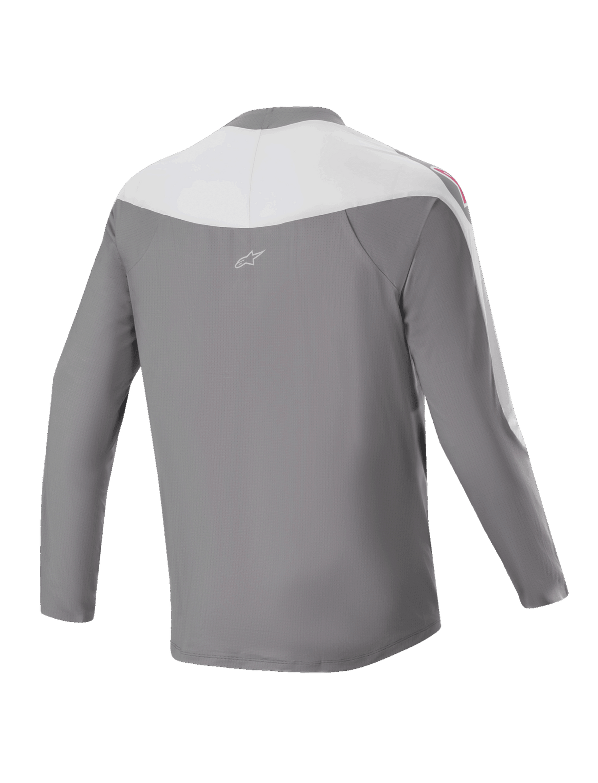 Alpinestars Maglia A-Supra Race - Maniche lunghe, maglia MTB, grigio scuro e bianco, vista posteriore con piccolo logo a stella, grafica rossa sulle spalle e vestibilità performante per corse off-road