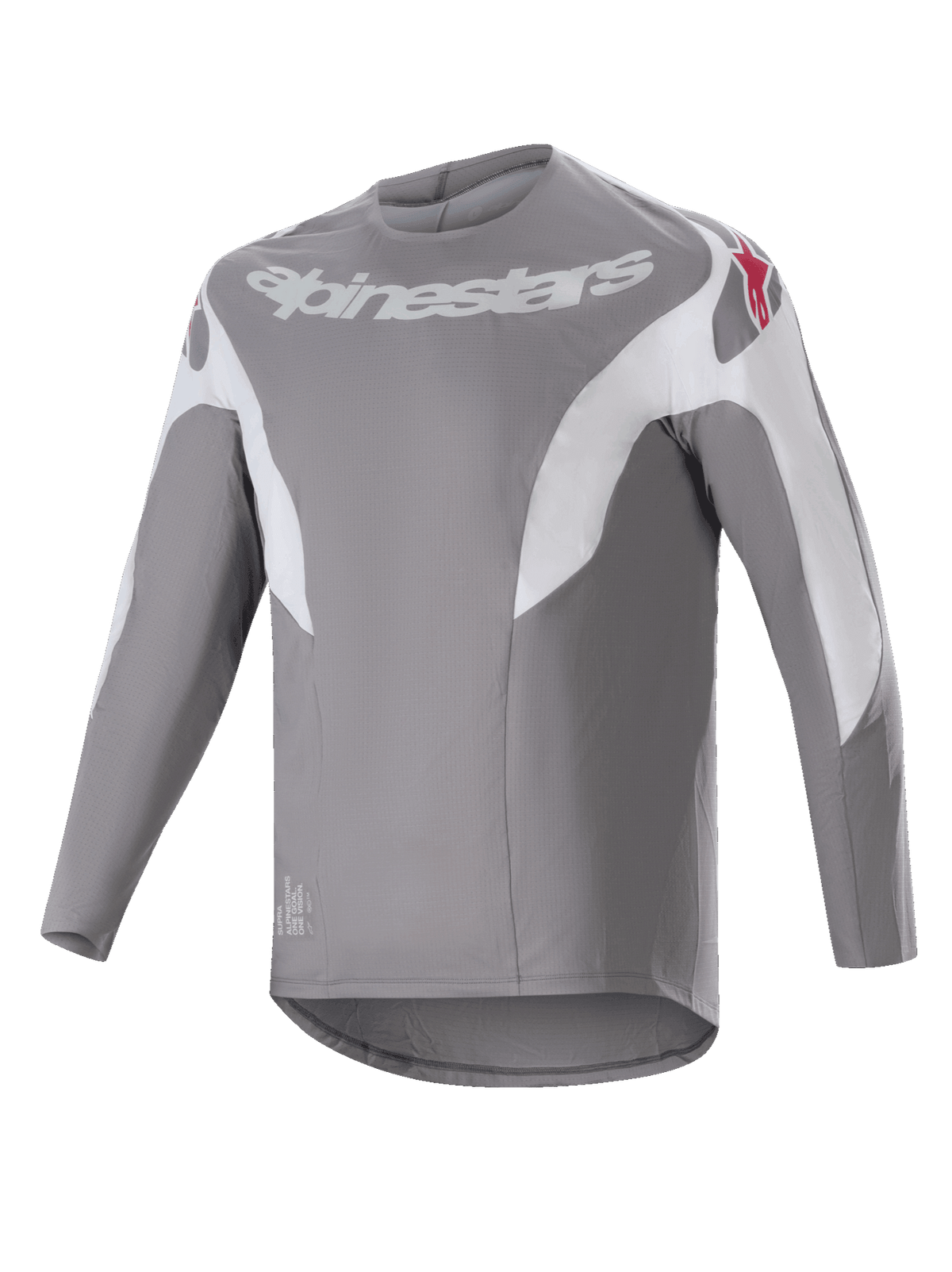 Alpinestars A-Supra Race Jersey, maglia da MTB a maniche lunghe, grigio scuro con pannelli bianchi, con logo Alpinestars bianco sul petto e loghi a stella rossi sulle spalle, tessuto tecnico microperforato con design a coda allungata per ciclismo fuoristrada