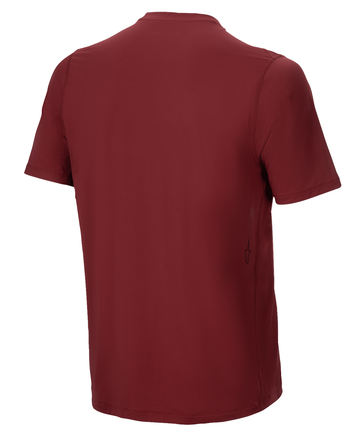 Maglia Alpinestars A-Dura Switch a maniche corte, bordeaux, vista posteriore, con orlo posteriore allungato e piccolo logo Alpinestars verticale sul lato, abbigliamento tecnico per MTB