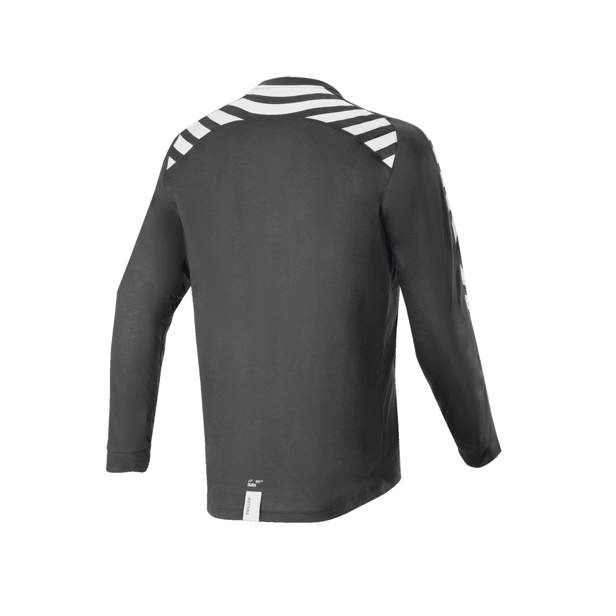 Maglia a maniche lunghe Alpinestars A-Dura Dri Oscar, Black Reflective, vista posteriore con strisce riflettenti bianche su spalle e braccia, tessuto tecnico riciclato drirelease®, orlo posteriore allungato per il ciclismo fuoristrada