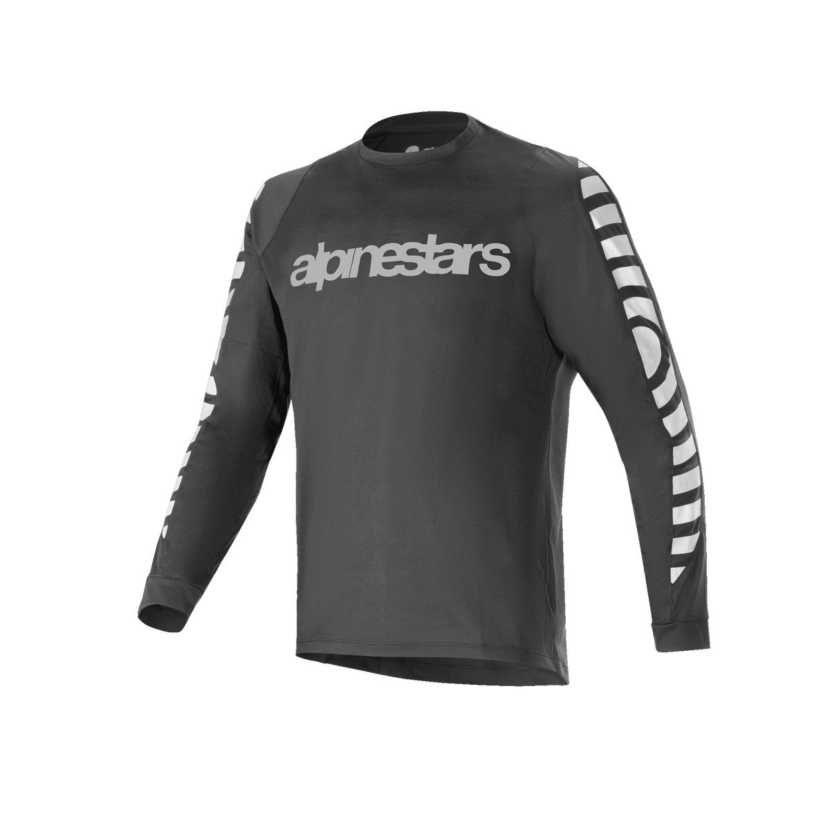Maglia Alpinestars A-Dura Dri Oscar a maniche lunghe, maglia da ciclismo, nero riflettente, con un grande logo testuale riflettente argento sul petto e motivi grafici sulle maniche, abbigliamento tecnico da mountain bike ad alte prestazioni