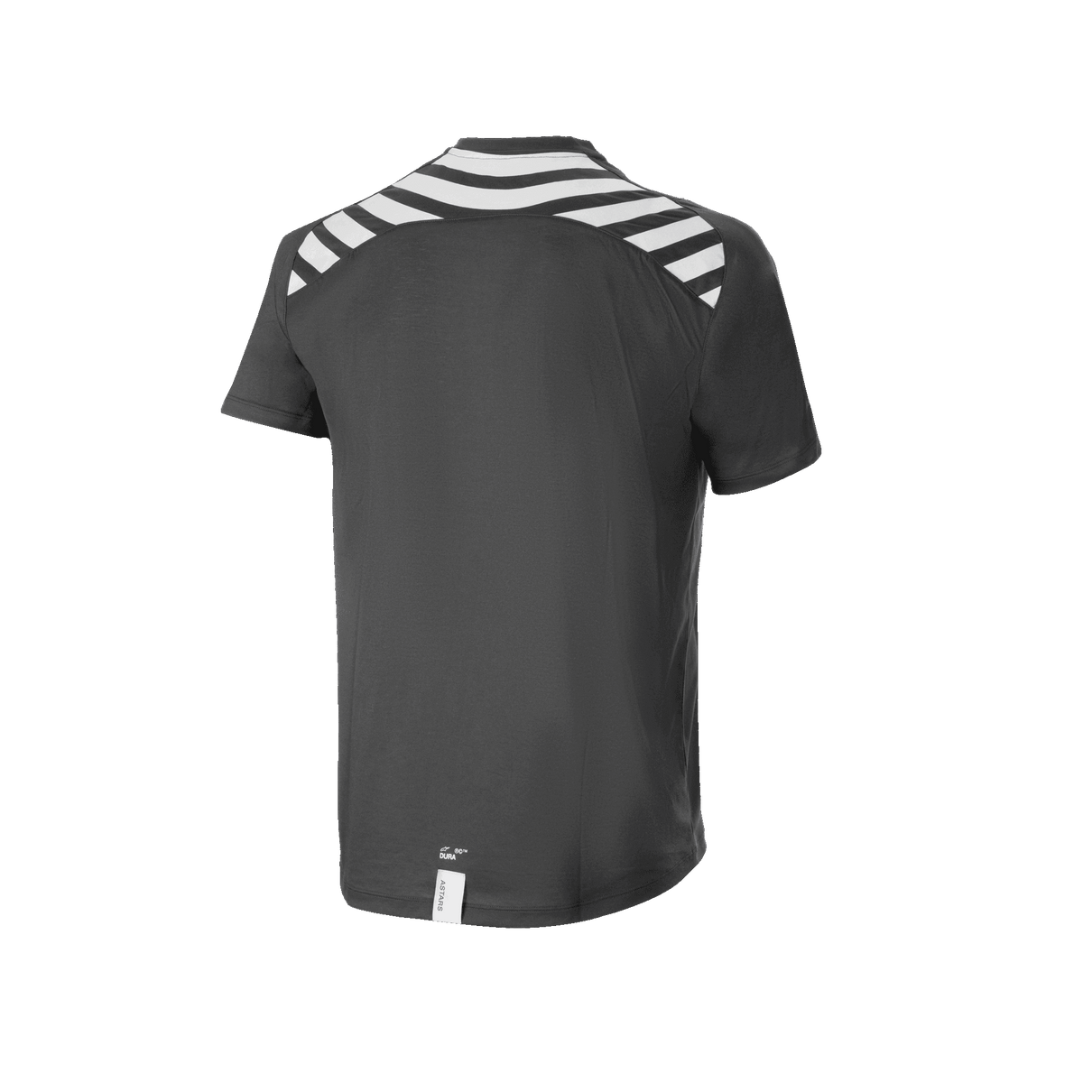 Alpinestars Maglia a maniche corte A-Dura Dri Oscar, maglia MTB, Nero Reflective, vista posteriore con strisce diagonali bianche sulle spalle e sulla schiena, orlo posteriore allungato per maggiore copertura durante la pedalata