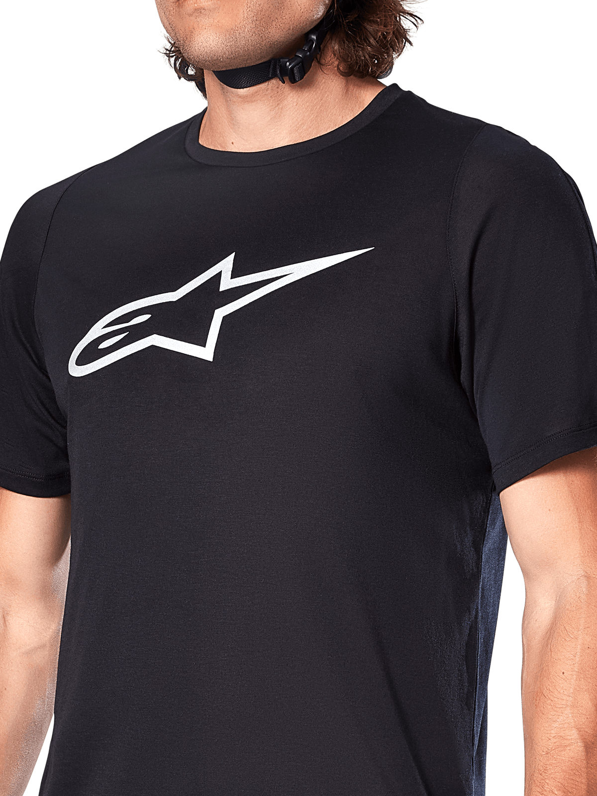 Alpinestars A-Dura Dri Oscar Jersey, maglia MTB a maniche corte, nero riflettente, con un grande logo Alpinestars bianco sul petto, tessuto tecnico traspirante per mountain bike