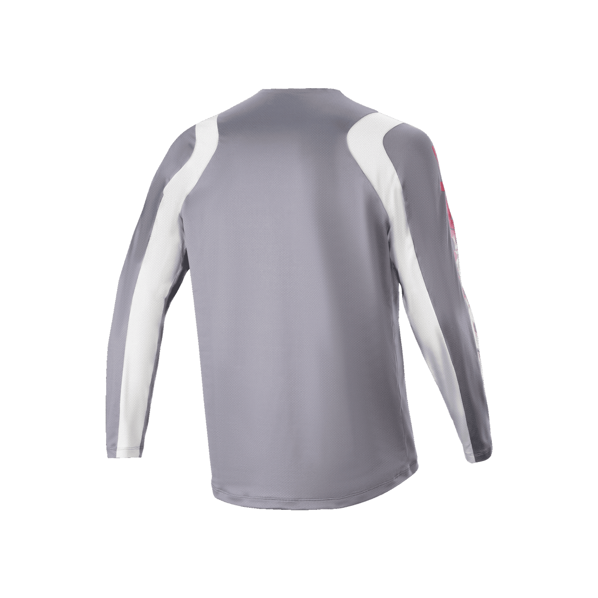 Alpinestars A-Supra Astar Long Sleeve Jersey, grigio scuro e bianco, vista posteriore con trama in mesh ventilata e coda più lunga, abbigliamento tecnico da ciclismo per MTB