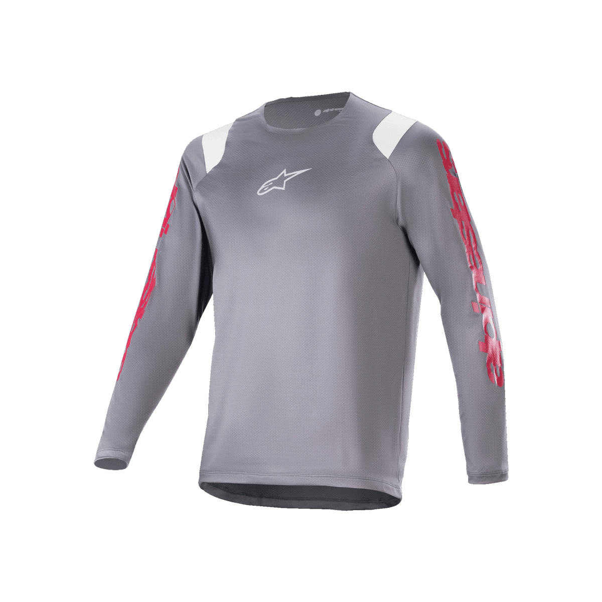Alpinestars A-Supra Astar Maglia a maniche lunghe, maglia MTB grigio scuro con grafiche rosse sulle maniche e accenti bianchi sulle spalle, logo Astars bianco sul petto, abbigliamento tecnico da ciclismo per mountain bike