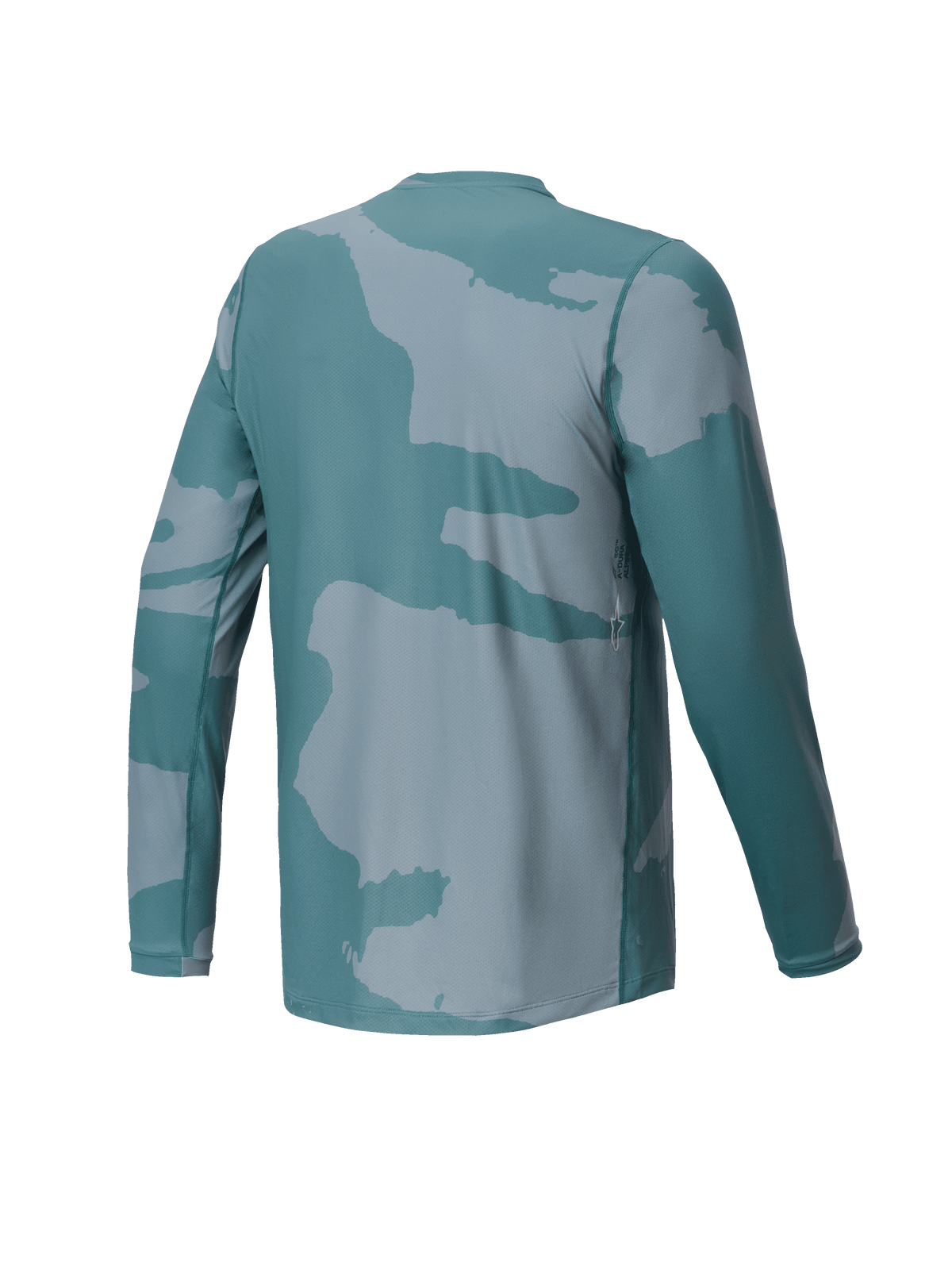 Alpinestars Youth A-Dura Hollow Camo Jersey, maglia da MTB a maniche lunghe, verde Silver Pine Camo, vista posteriore con dettaglio del logo e parte posteriore allungata per maggiore copertura durante la pedalata