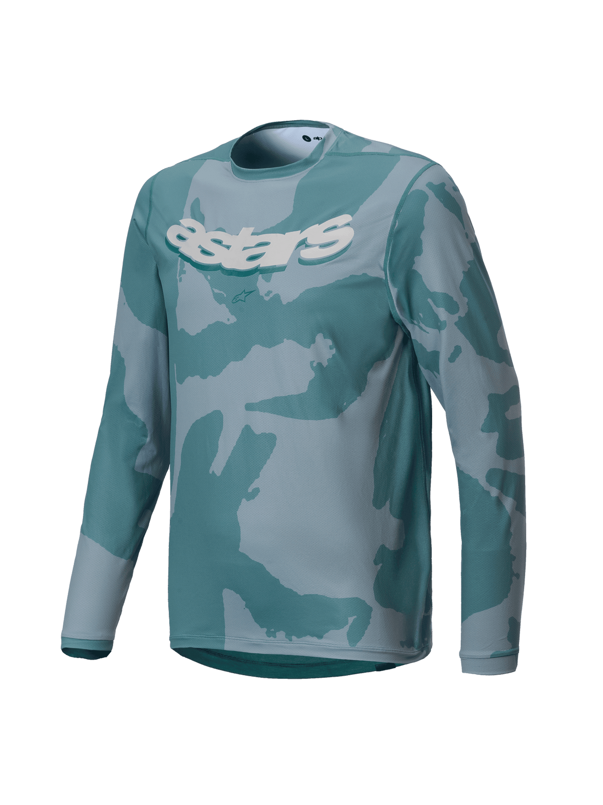 Alpinestars Youth A-Dura Hollow Camo Jersey, maglia MTB a maniche lunghe, motivo mimetico Silver Pine con tonalità verde acqua e grigio, vistosa grafica Astars bianca sul petto, tessuto tecnico per trail riding per ragazzi